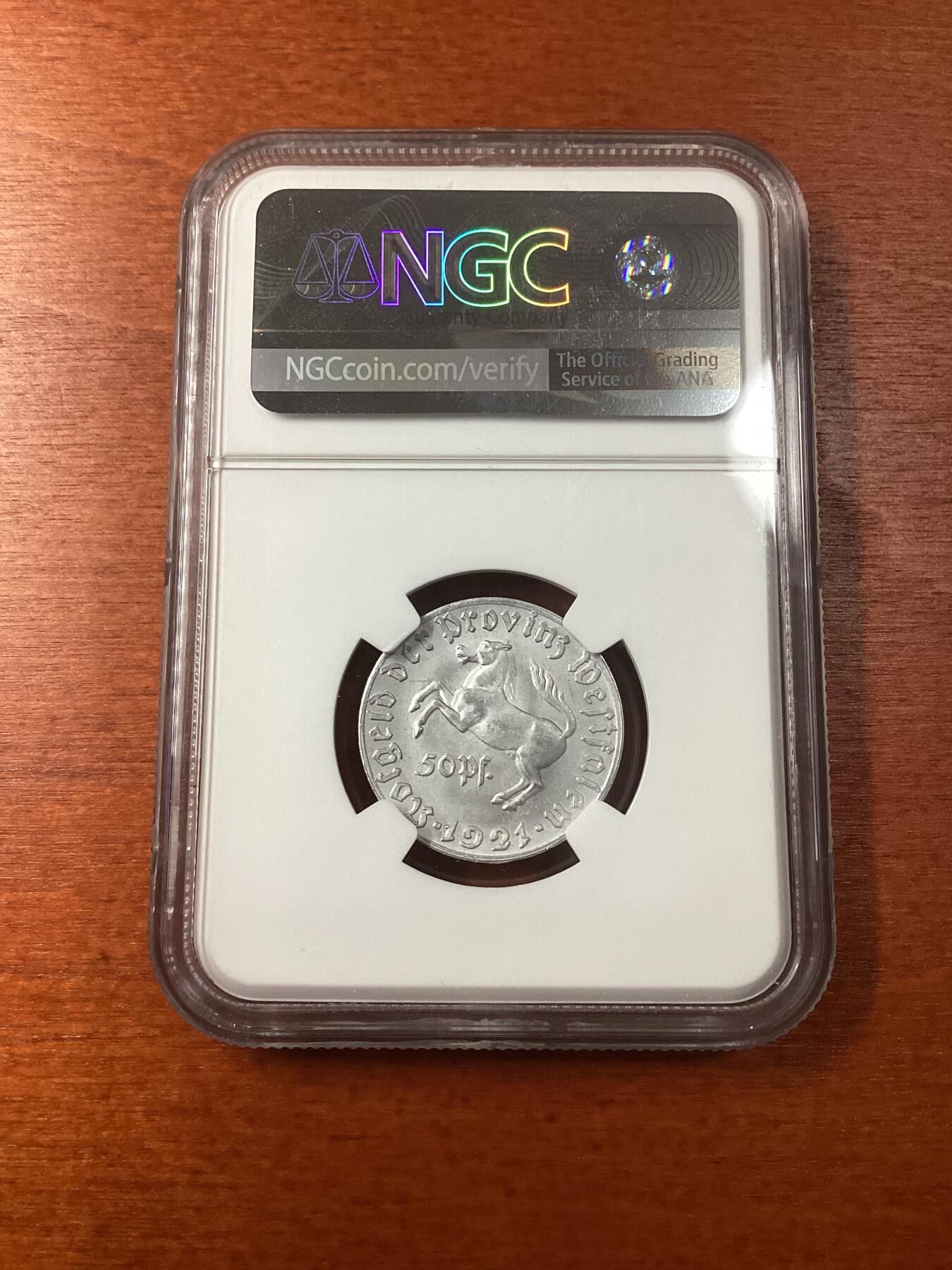 长老汇龙年精选第九场拍卖 1921 德国威斯特法兰德紧斯坦伯爵马币50芬尼，NGC MS64，季军分，更高5枚 