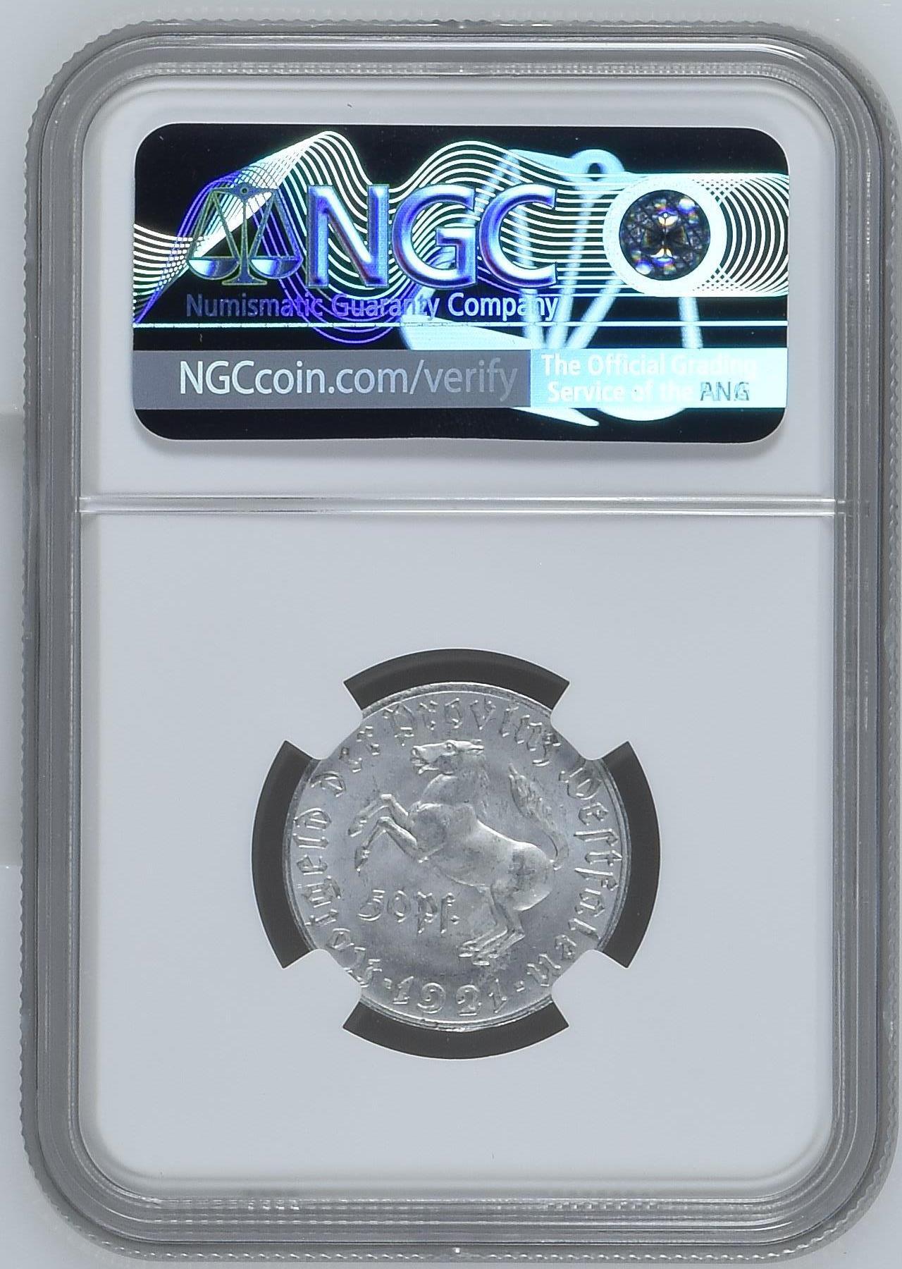 长老汇龙年精选第九场拍卖 1921 德国威斯特法兰德紧斯坦伯爵马币50芬尼，NGC MS64，季军分，更高5枚 