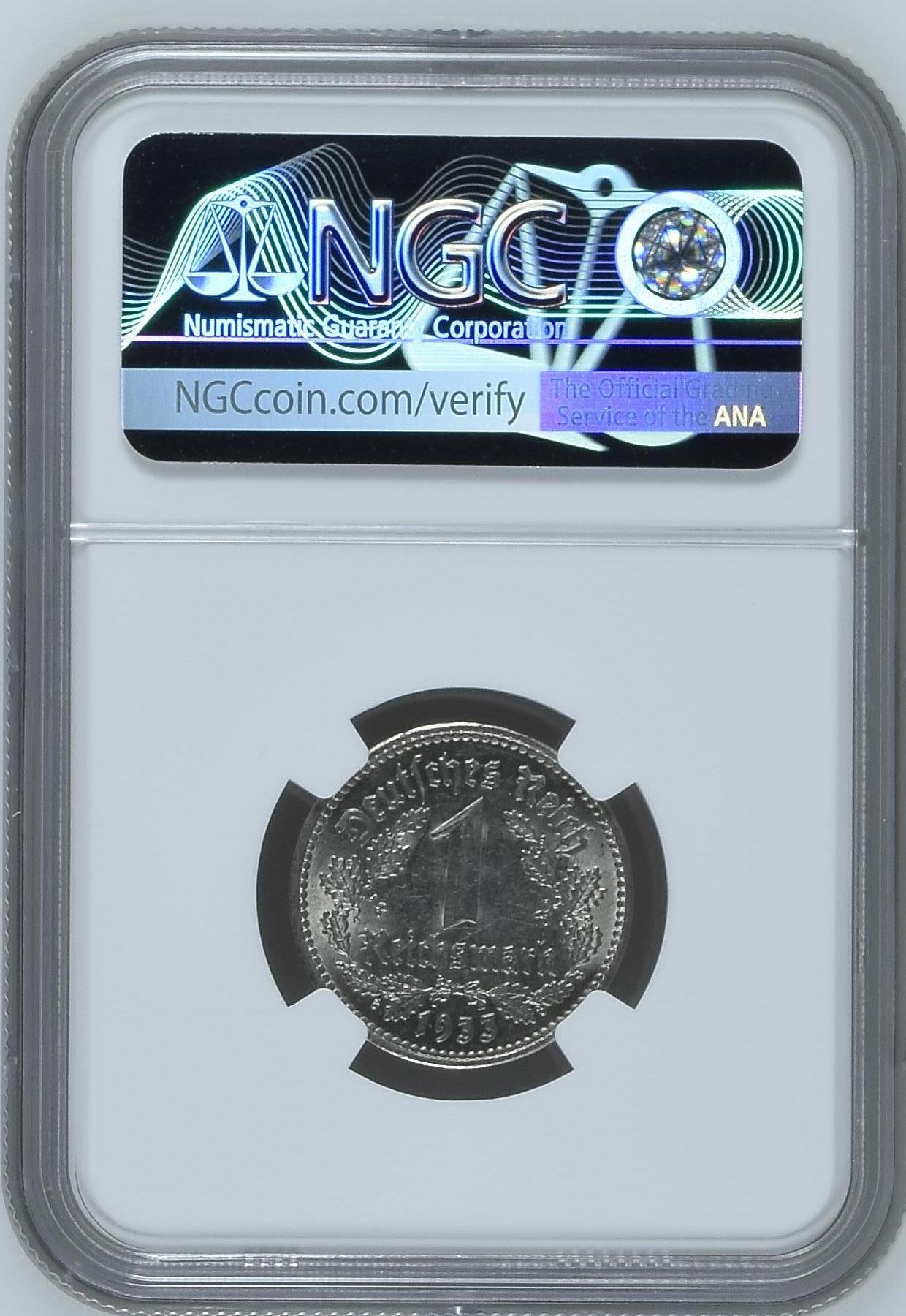 长老汇龙年精选第九场拍卖 1933F 德国第三帝国1马克镍币，NGC MS63，季军分，更高3枚