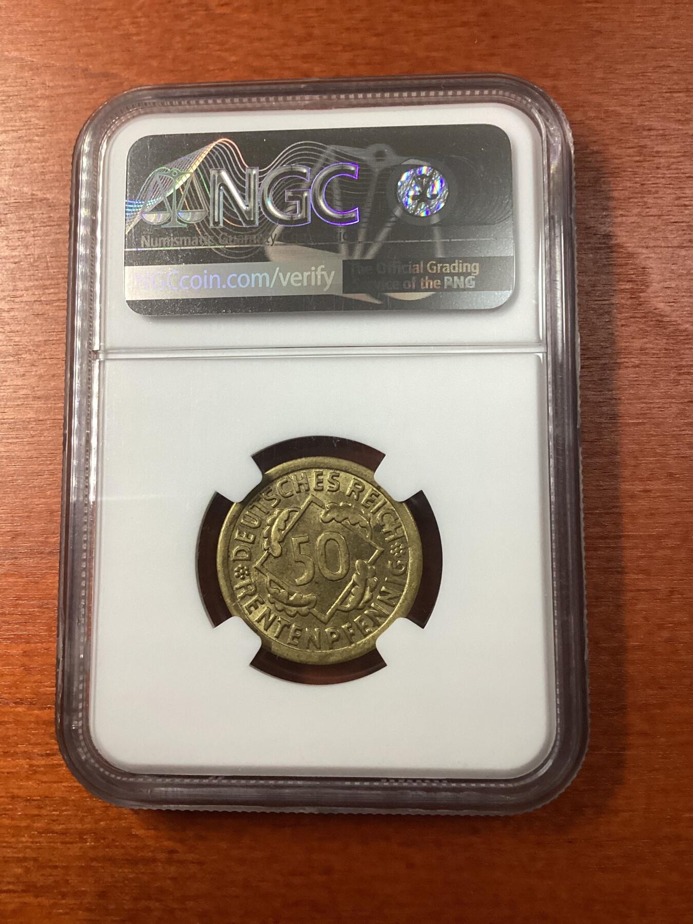 长老汇龙年精选第九场拍卖 1924F 德国魏玛共和国帝国地租50芬尼，NGC MS63，季军分，更高分2枚