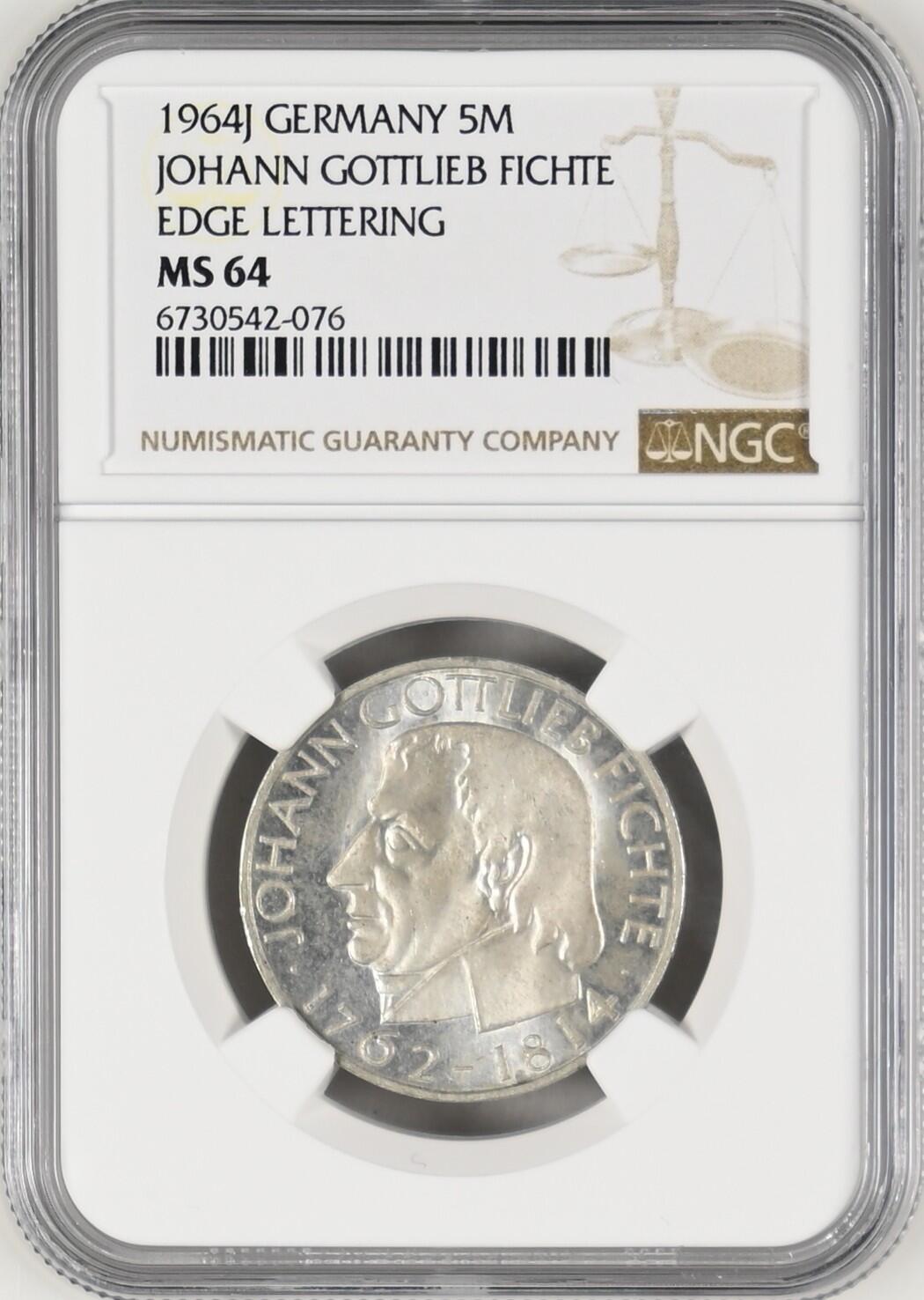 长老汇龙年精选第九场拍卖 1964J 西德五大天王之一 约翰·戈特利布·费希特逝世150周年5马克银币，NGC MS64，EDGE LETTERING，克书标价高