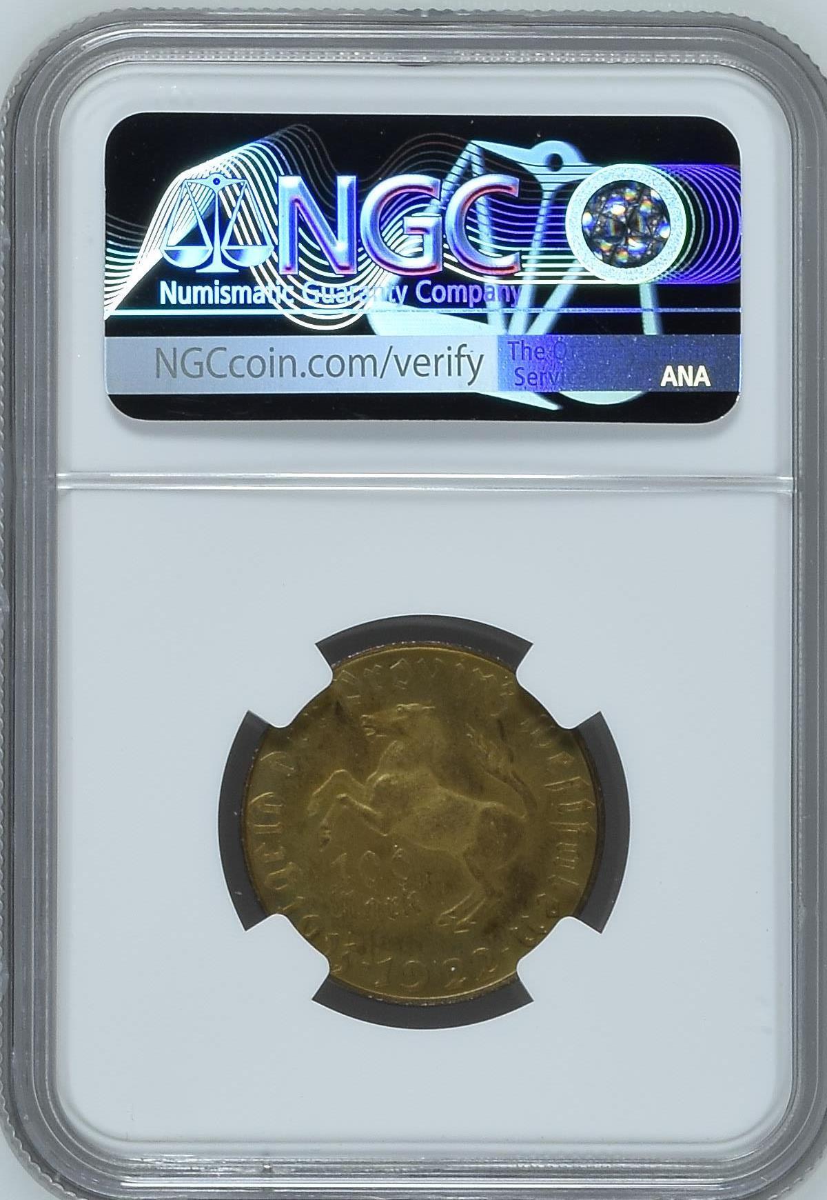 长老汇龙年精选第九场拍卖 1922 德国威斯特法兰德紧斯坦伯爵马币 100马克，NGC MS63RB，亚军分，更高3枚 