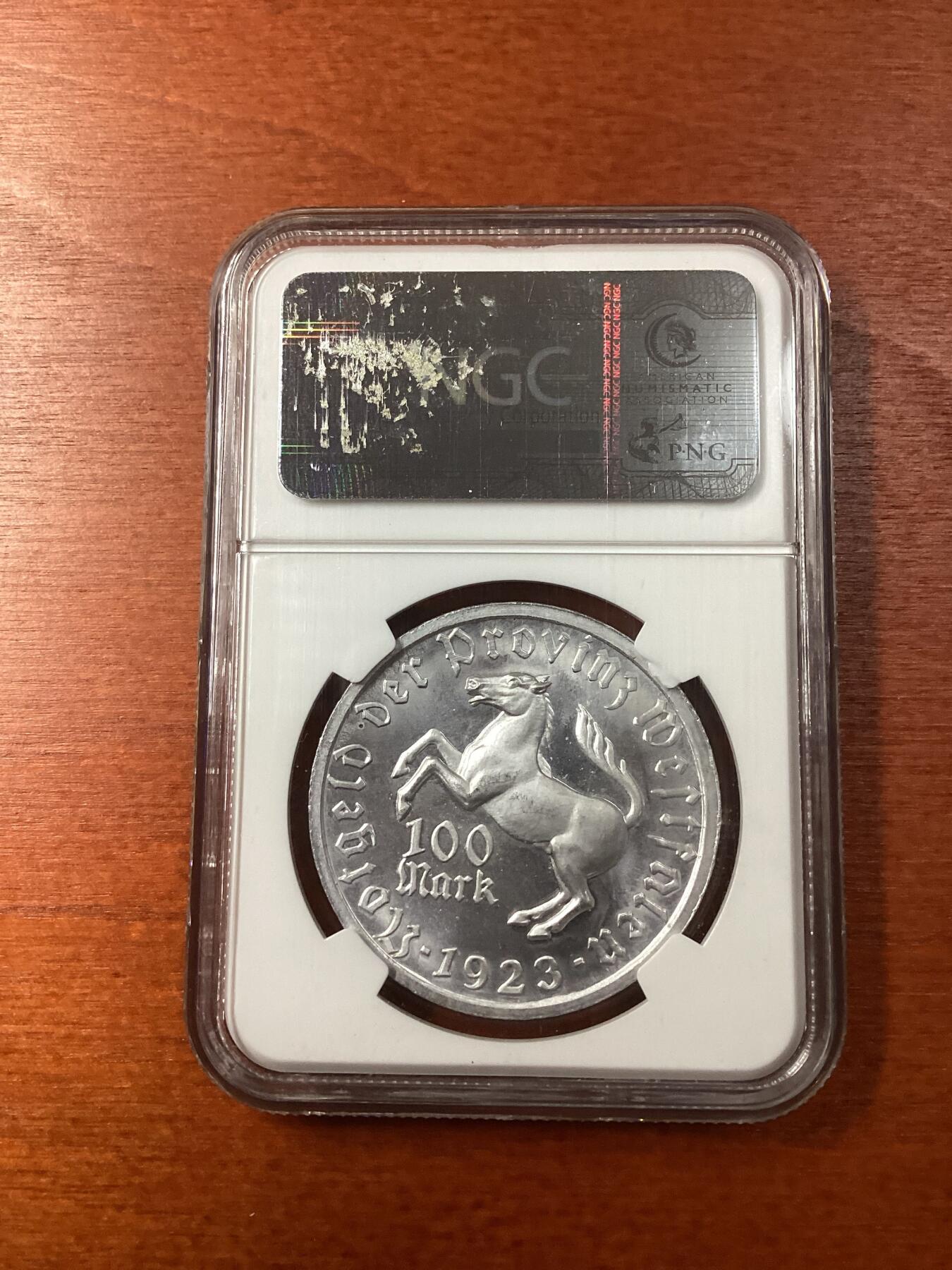 长老汇龙年精选第九场拍卖 1923 德国威斯特法兰德紧马币女诗人100马克，NGC MS65，亚军分，更高4枚，老盒 