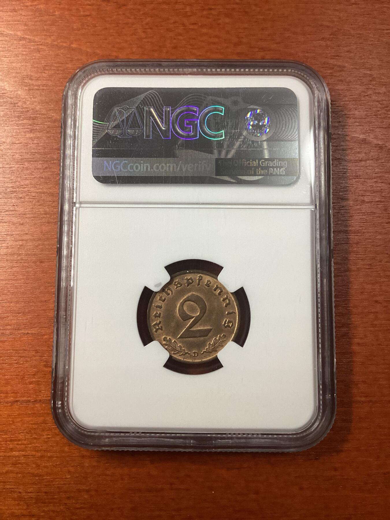 长老汇龙年精选第九场拍卖 1937D 德国第三帝国2芬尼铜币，NGC MS63RB，季军分，更高6枚 