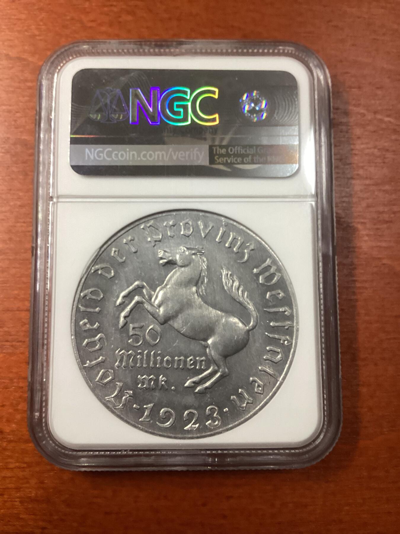 长老汇龙年精选第九场拍卖 1923 德国威斯特法兰德紧斯坦伯爵马币5千万马克3行，NGC MS62