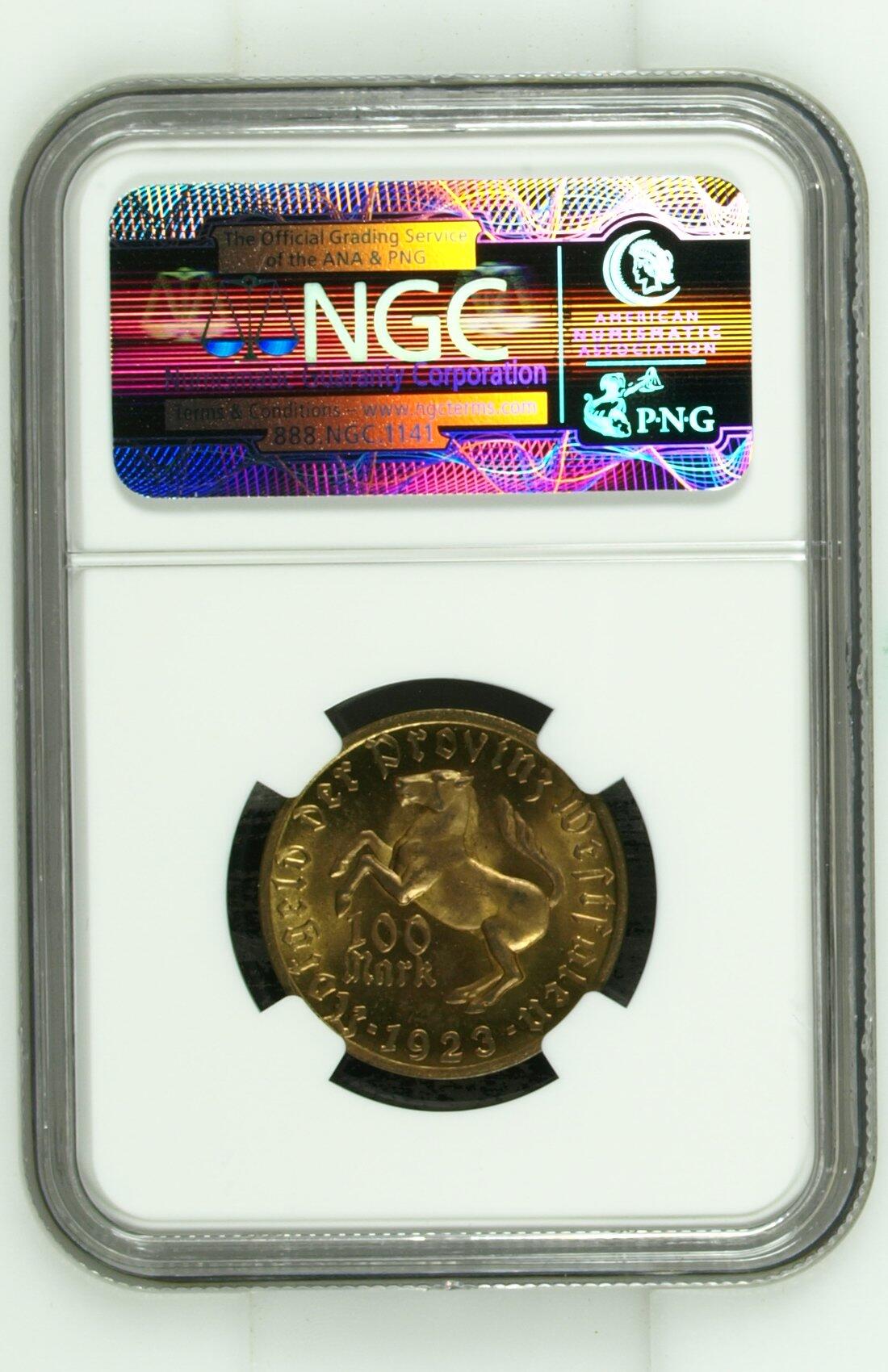 长老汇龙年精选第九场拍卖 1923德国威斯特法兰德紧马币女诗人100马克，NGC MS64RB，季军分，更高7枚