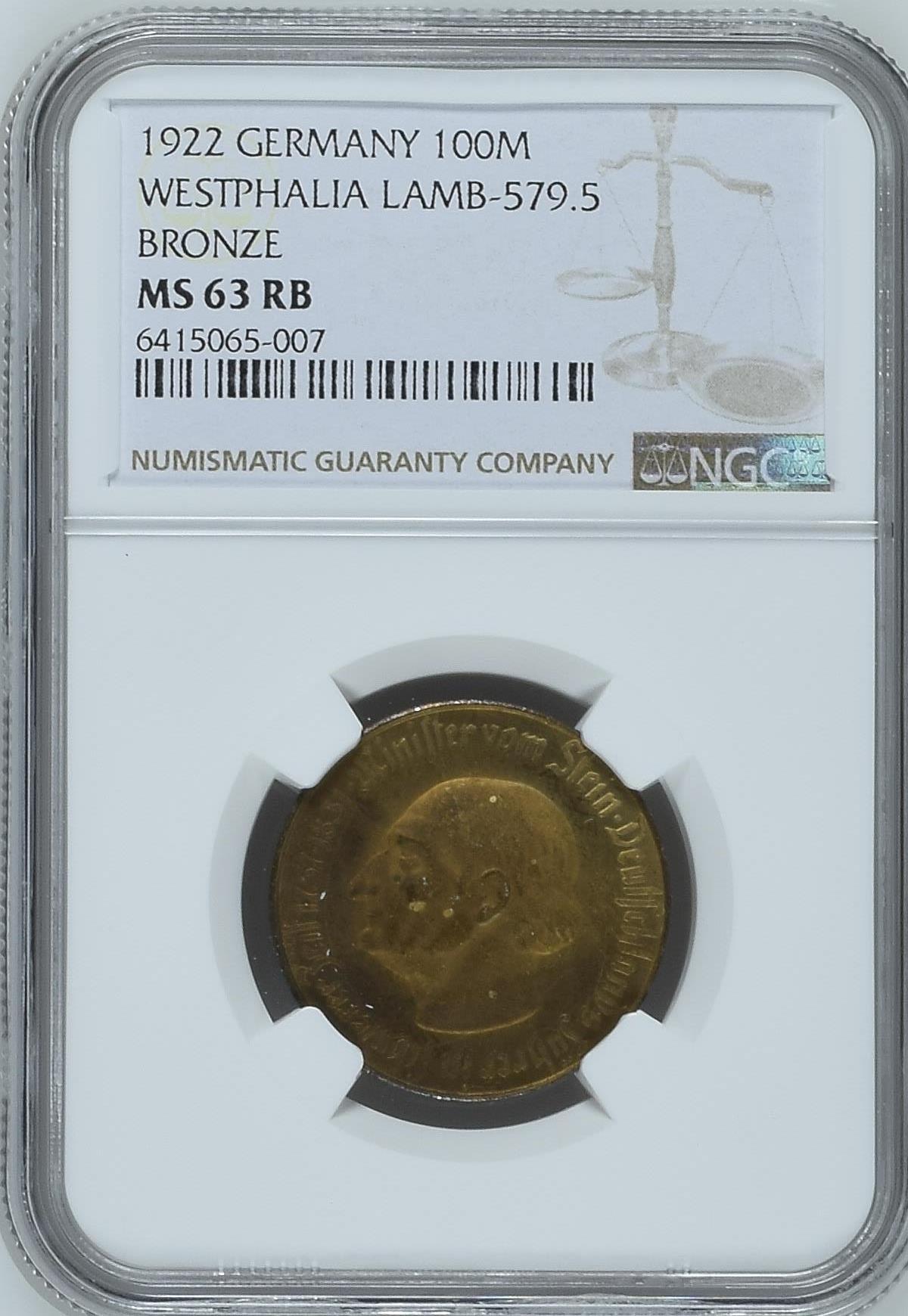 长老汇龙年精选第九场拍卖 1922 德国威斯特法兰德紧斯坦伯爵马币 100马克，NGC MS63RB，亚军分，更高3枚 
