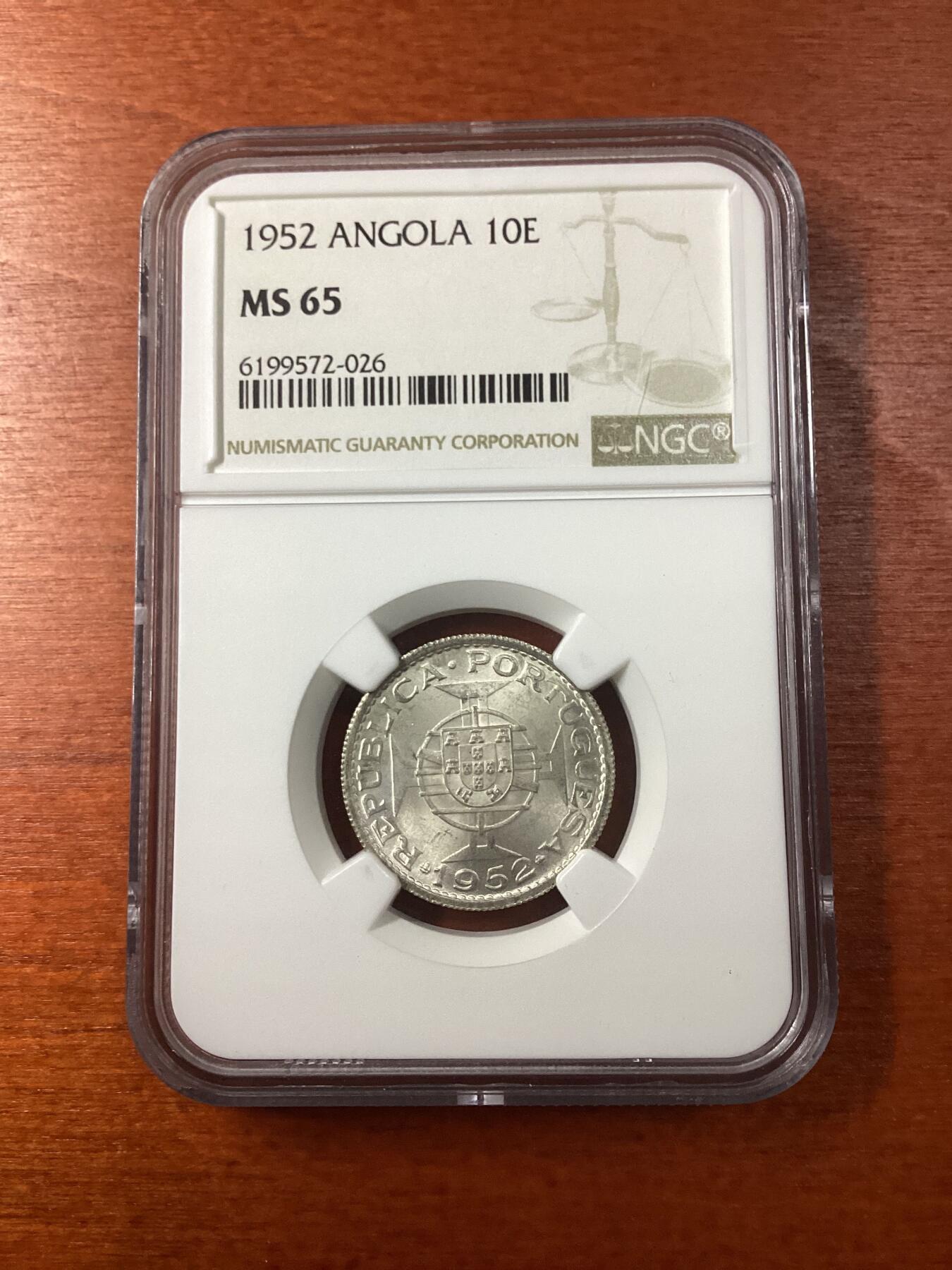 长老汇龙年精选第九场拍卖 1952葡属安哥拉10埃斯库多斯银币，NGC MS65