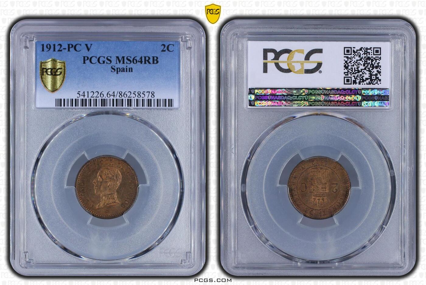 长老汇龙年精选第九场拍卖 1912-PC V  西班牙阿方索十三世2分铜币，PCGS MS64RB，亚军分，更高2枚