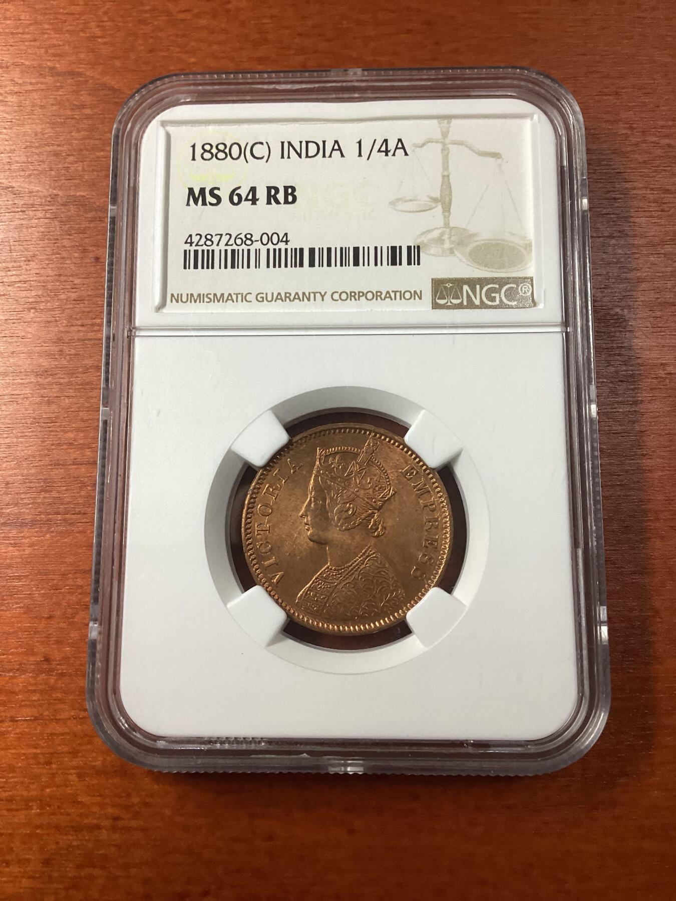 长老汇龙年精选第九场拍卖 1880(C) 英属印度维多利亚1/4安娜铜币，NGC MS64RB，季军分，更高分29枚，官网60分100美金