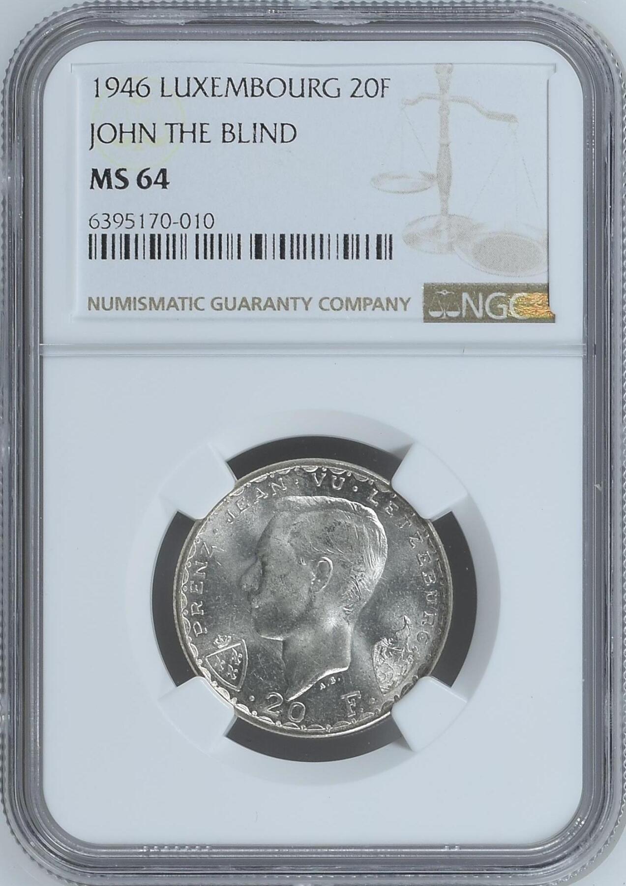 长老汇龙年精选第九场拍卖 1946 卢森堡盲人国王约翰战死沙场600周年20法郎银币，NGC MS64