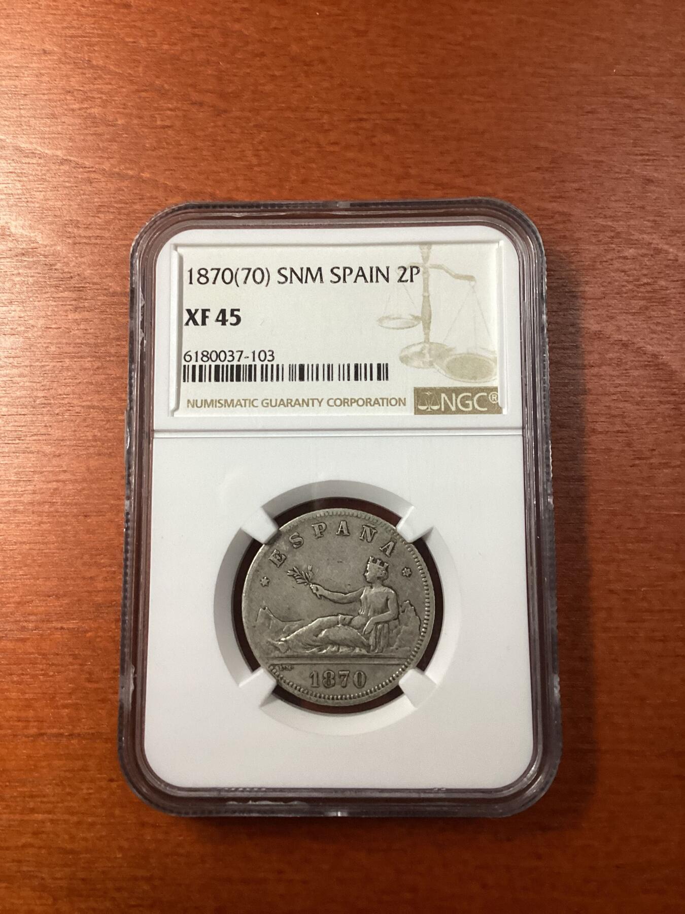 长老汇龙年精选第九场拍卖 1870(70) SNM 西班牙拿花2比塞塔银币，NGC XF45, 更高分仅有3枚, 官网标价XF275美金