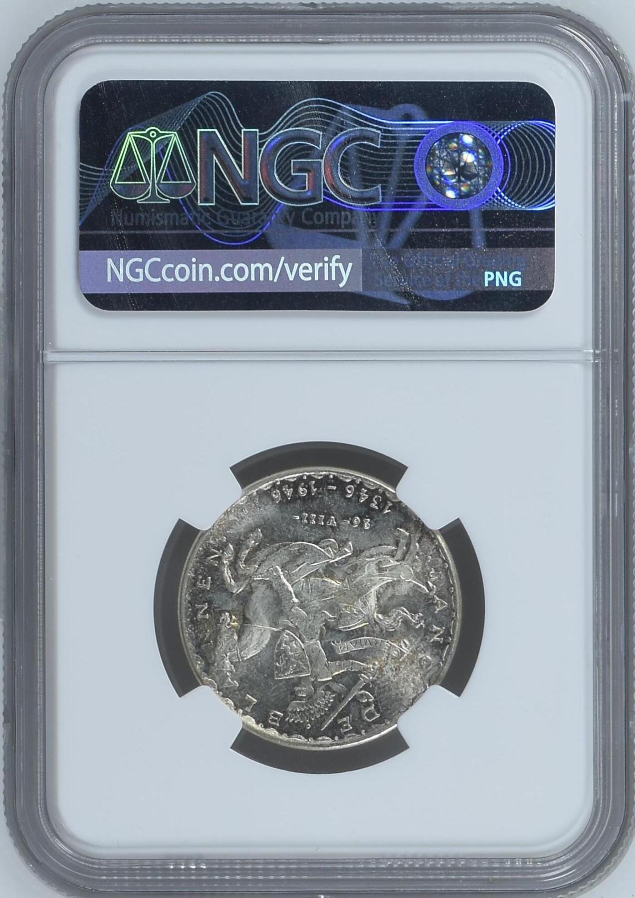 长老汇龙年精选第九场拍卖 1946 卢森堡盲人国王约翰战死沙场600周年20法郎银币，NGC MS64