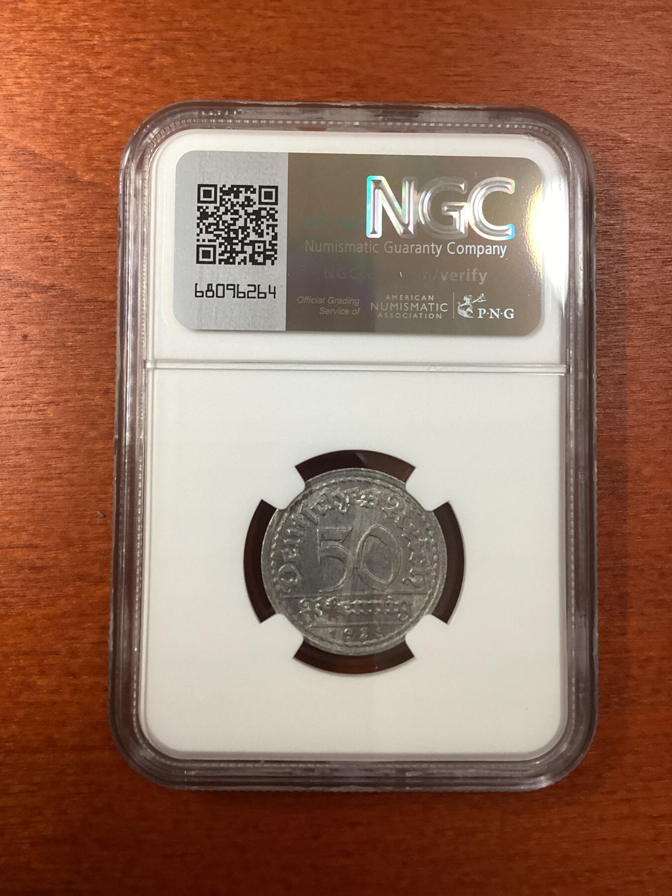 长老汇龙年精选第九场拍卖 1921F 德国魏玛共和国 50芬尼铝币，NGC MS64，亚军分，更高1枚