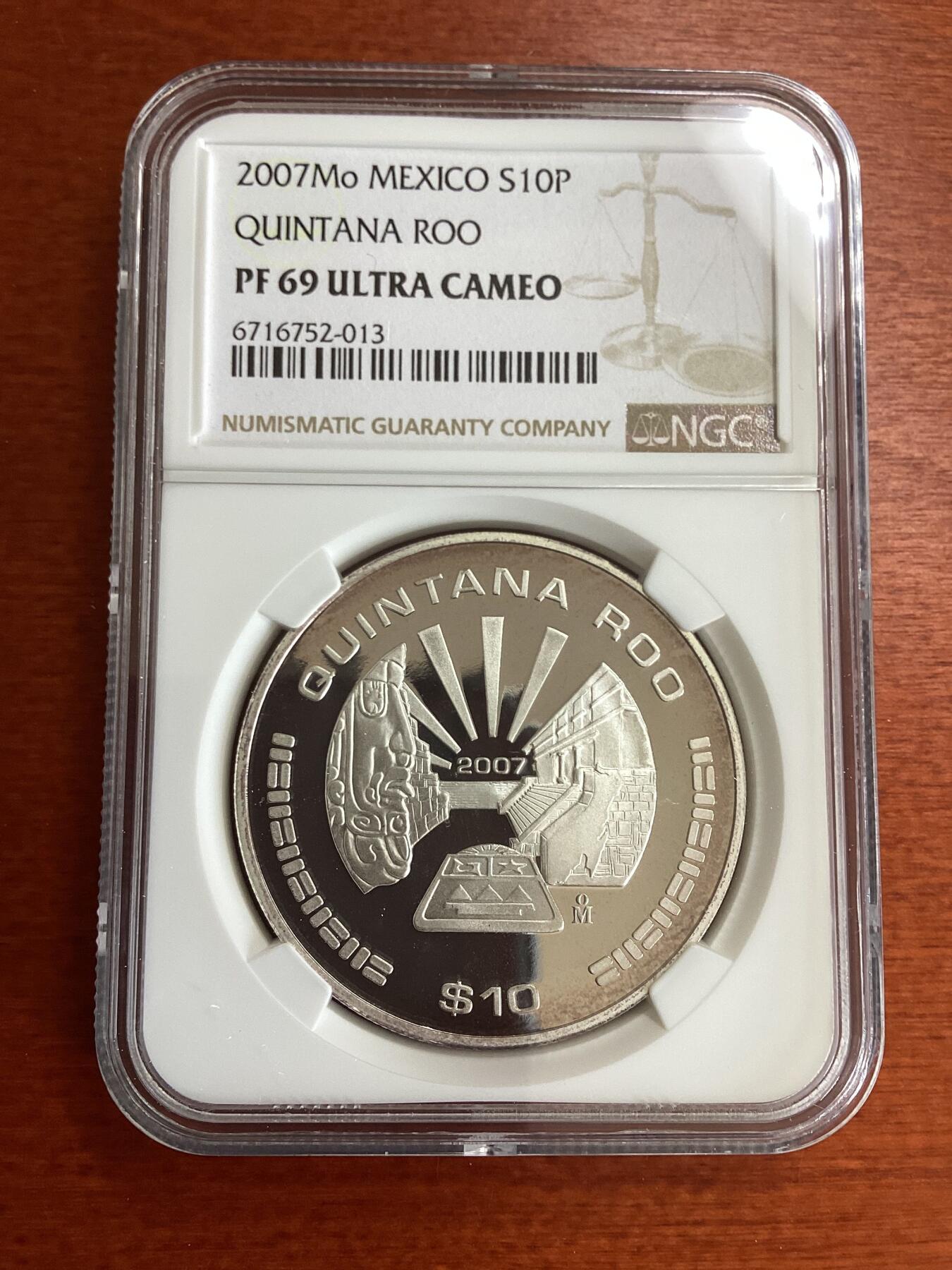 长老汇龙年精选第九场拍卖 2007Mo 墨西哥昆塔纳泸州10比索精制银币，NGC PF69UC，更高分2枚