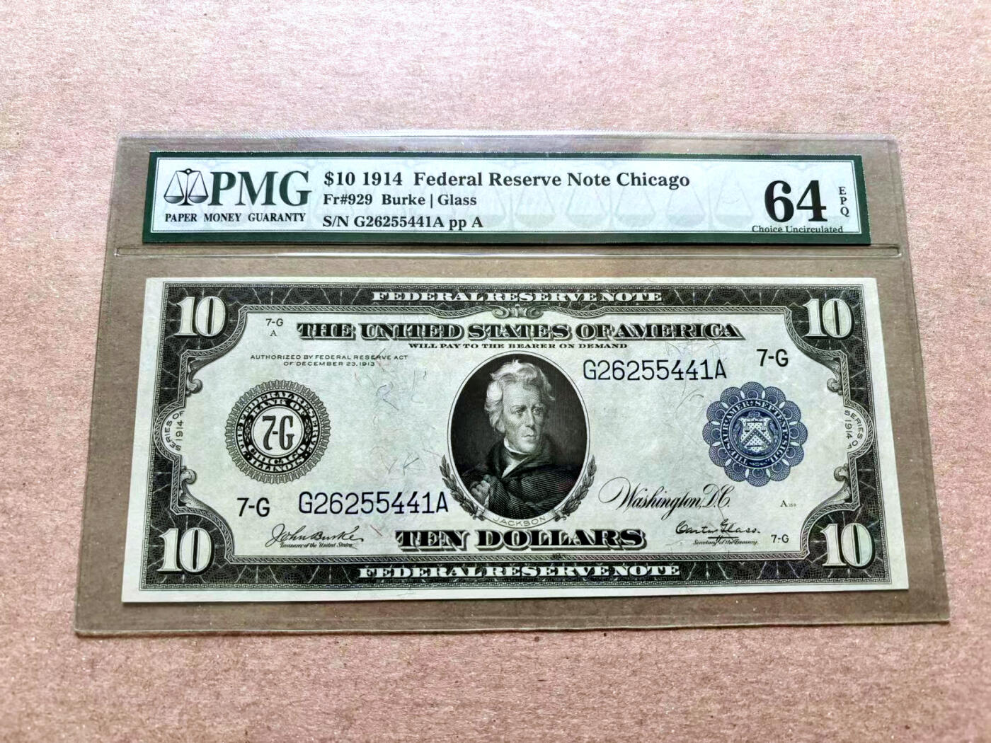 【Blue Auction】✨世界纸币精拍第506期【精】  【罕见Fr.929 仅2张更高分】美国 1914年10美金 大票幅 芝加哥版 正面杰克逊 背面工业与农业 大场景 雕刻精美 PMG64EPQ 老壳 目录价大约1800美金左右 