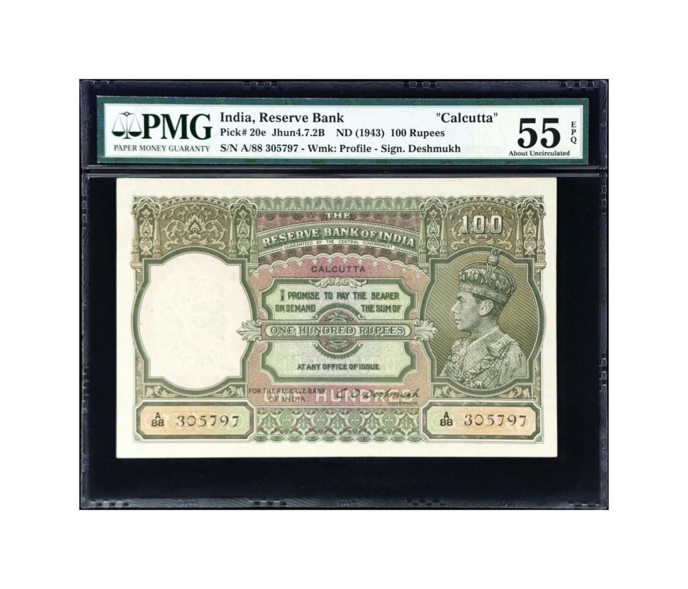 【Blue Auction】✨世界纸币精拍第506期【精】  【原票少见】英属印度 1943年100卢比 英王乔治六世 底纹特色精美 背面猛虎霸气 Deshmukh签名 加尔各答版 PMG55EPQ 状态非常好 值得收藏 