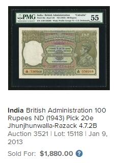 【Blue Auction】✨世界纸币精拍第506期【精】  【原票少见】英属印度 1943年100卢比 英王乔治六世 底纹特色精美 背面猛虎霸气 Deshmukh签名 加尔各答版 PMG55EPQ 状态非常好 值得收藏 