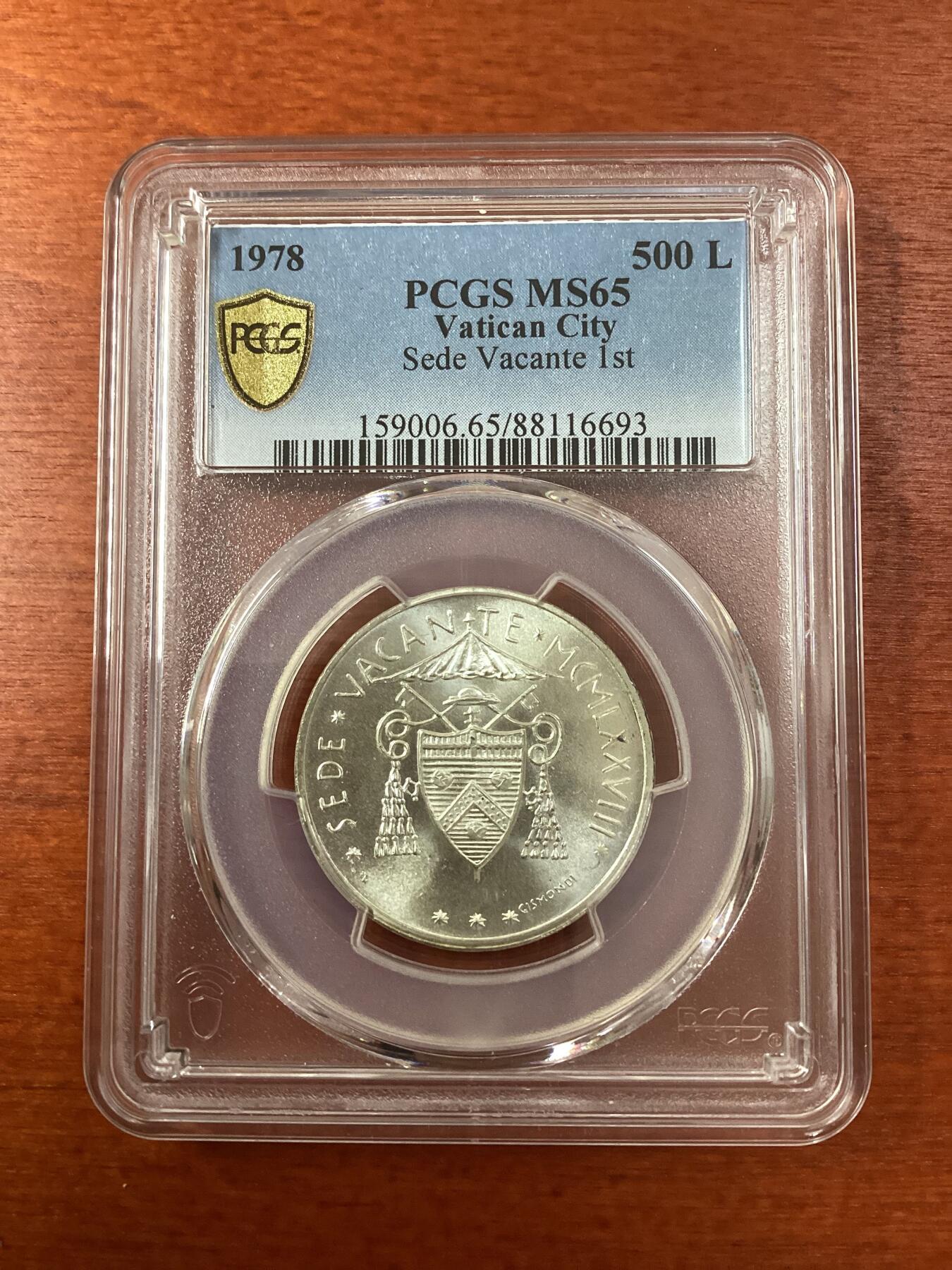 长老汇龙年精选第九场拍卖 1978 梵蒂冈教皇缺位500里拉银币，PCGS MS65，类型一