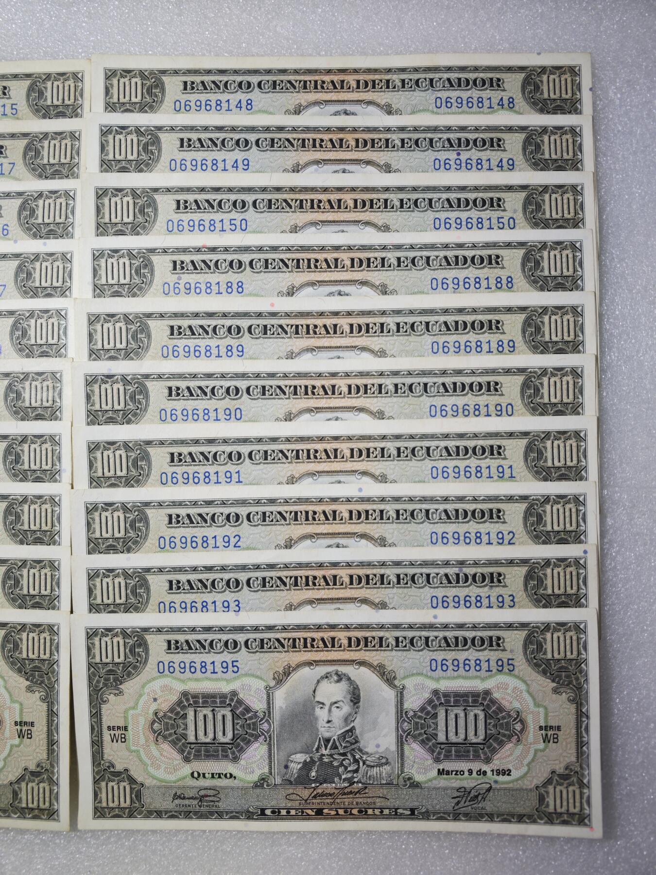 20张厄瓜多尔1992年100苏克雷退出流通老纸币原票直板