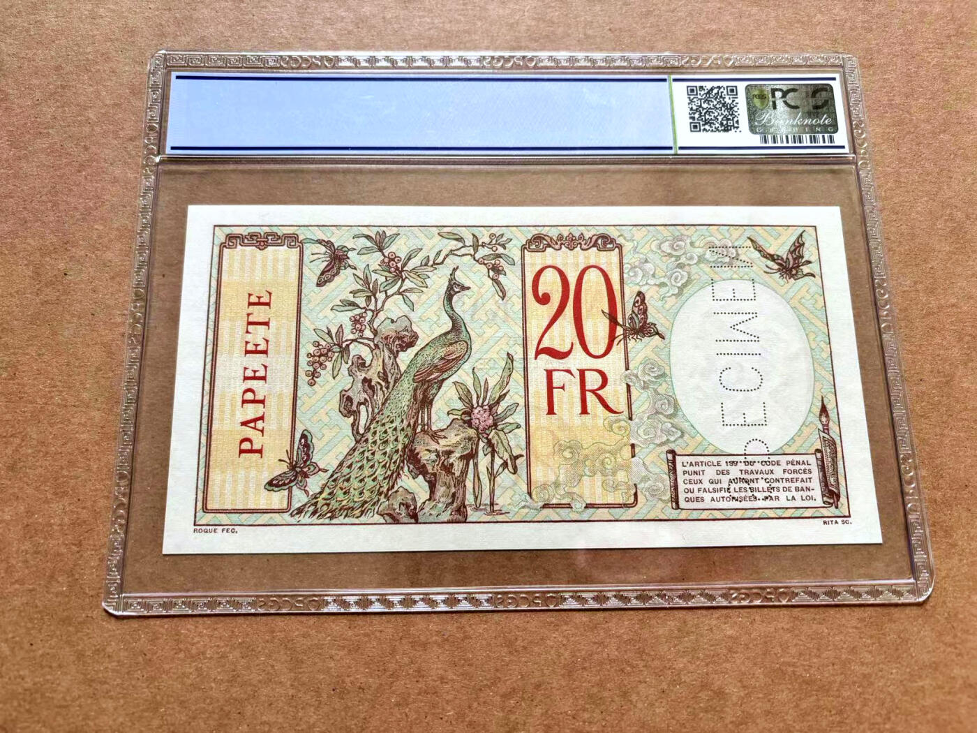 【Blue Auction】✨世界纸币精拍第506期【精】 【唯一冠军分】塔希提 1927年20法郎 经典孔雀钞 PCGS67EPQ顶级高分 样钞 设计精美 带中文字 p12as PMG仅4个记录