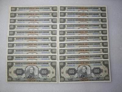 20张厄瓜多尔1992年100苏克雷退出流通老纸币原票直板