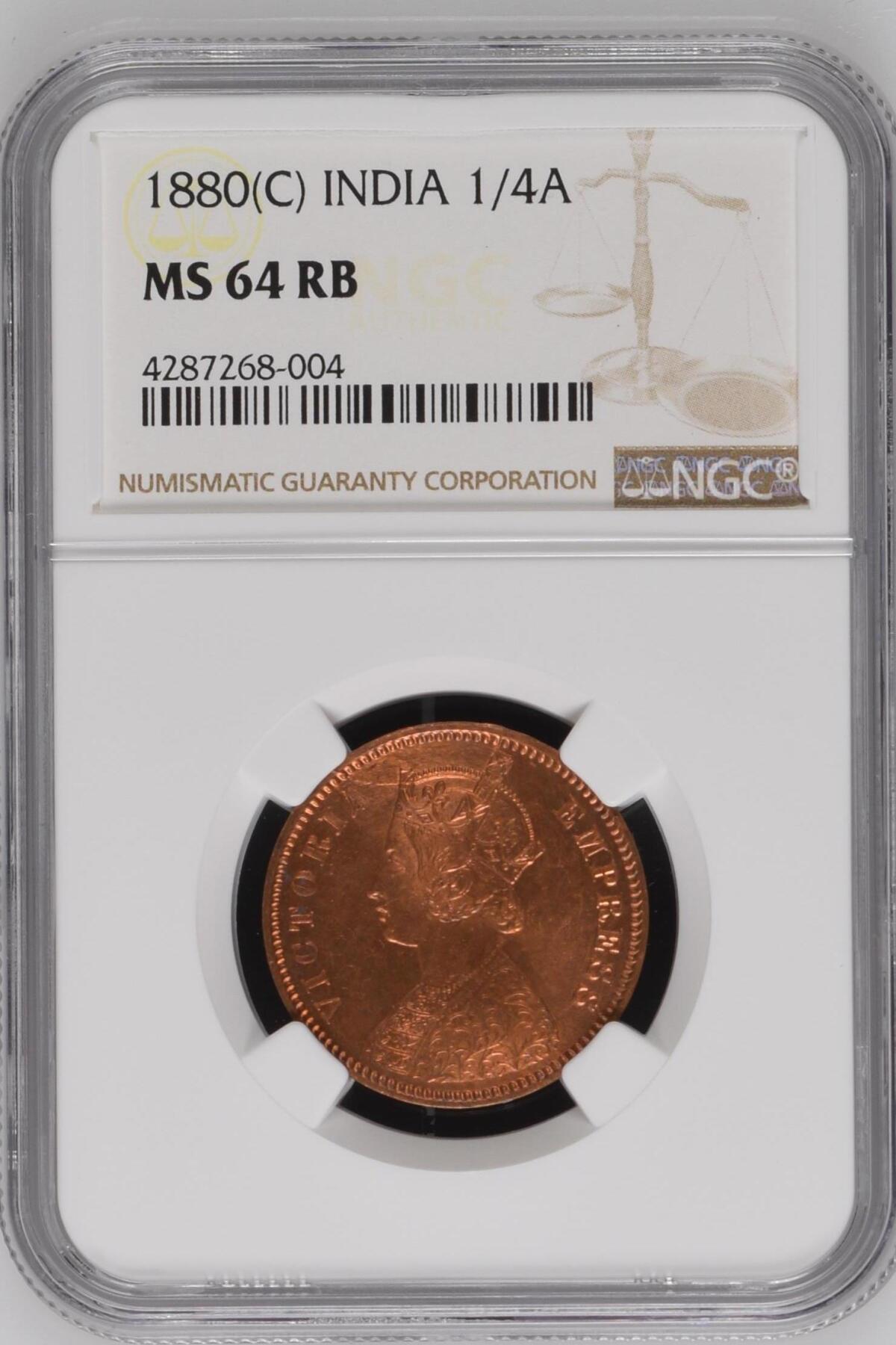 长老汇龙年精选第九场拍卖 1880(C) 英属印度维多利亚1/4安娜铜币，NGC MS64RB，季军分，更高分29枚，官网60分100美金