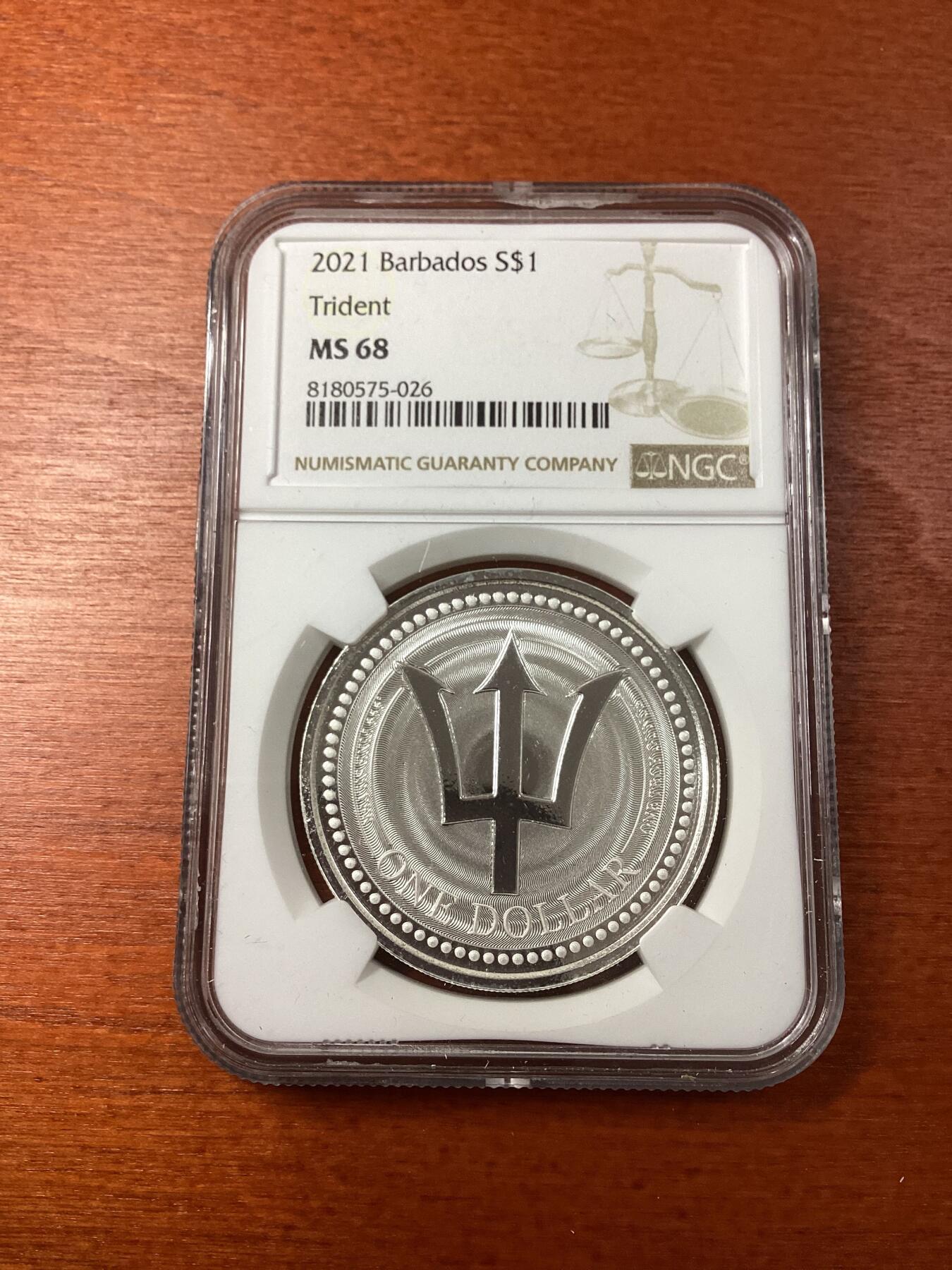 长老汇龙年精选第九场拍卖 2021 巴巴多斯海神三叉戟1元银币，NGC MS68，更高14枚