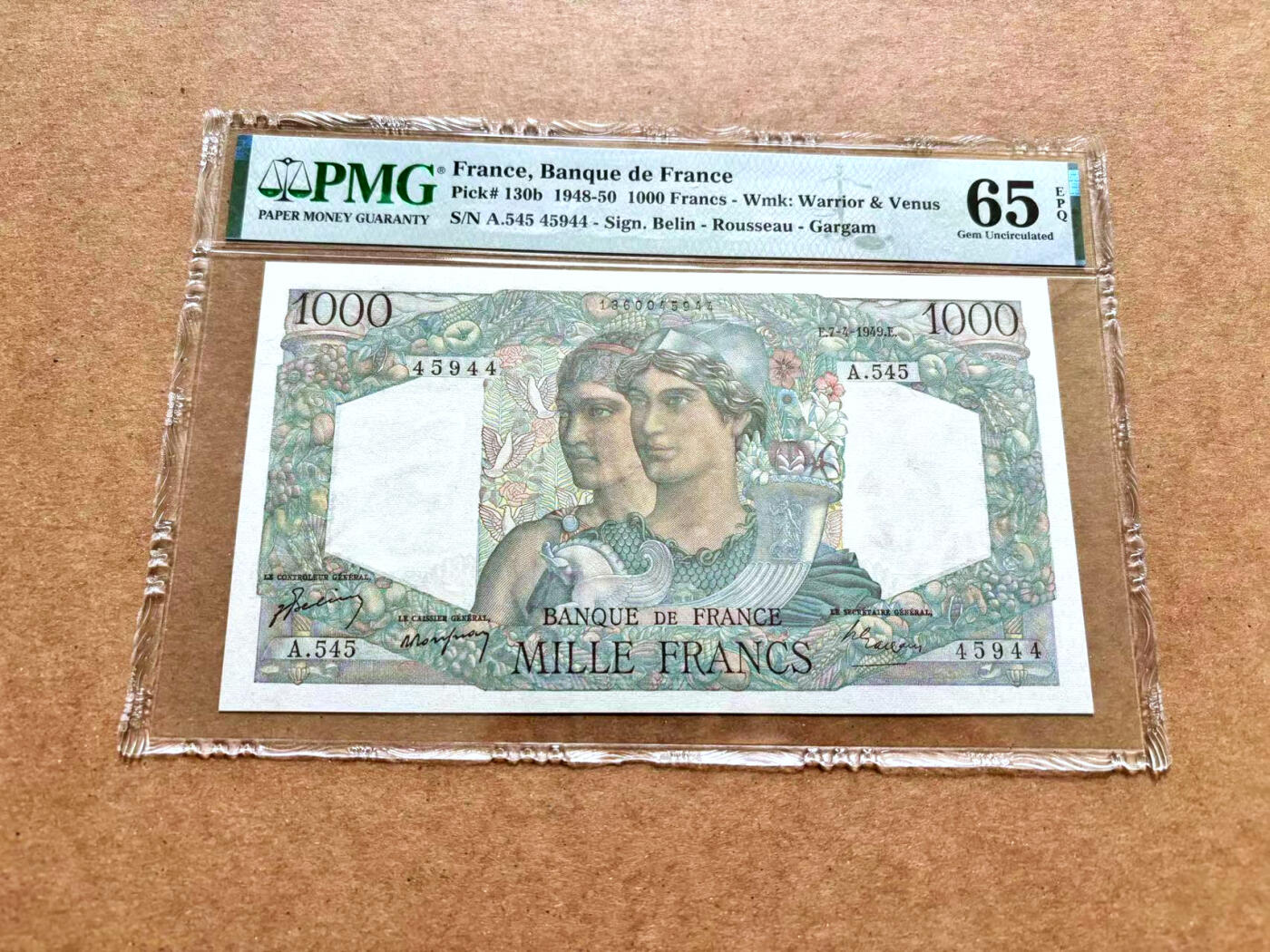 【Blue Auction】✨世界纸币精拍第506期【精】 法国 1949年1000法郎 PMG65EPQ 