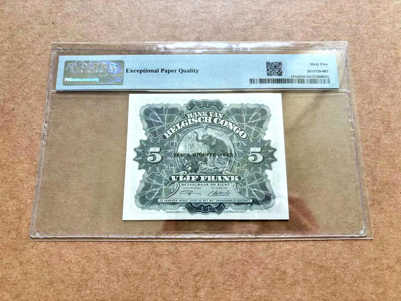 【Blue Auction】✨世界纸币精拍第506期【精】 比属刚果 1947年5法郎 PMG65EPQ 正面寓言中的美女带着小天使凝视着蜂巢 背面大象和河马 一张饶有特色的小票 适合把玩