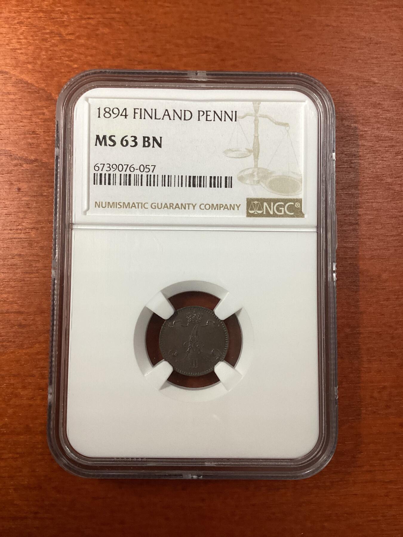 长老汇龙年精选第九场拍卖 1894 芬兰1盆尼铜币，NGC MS63BN