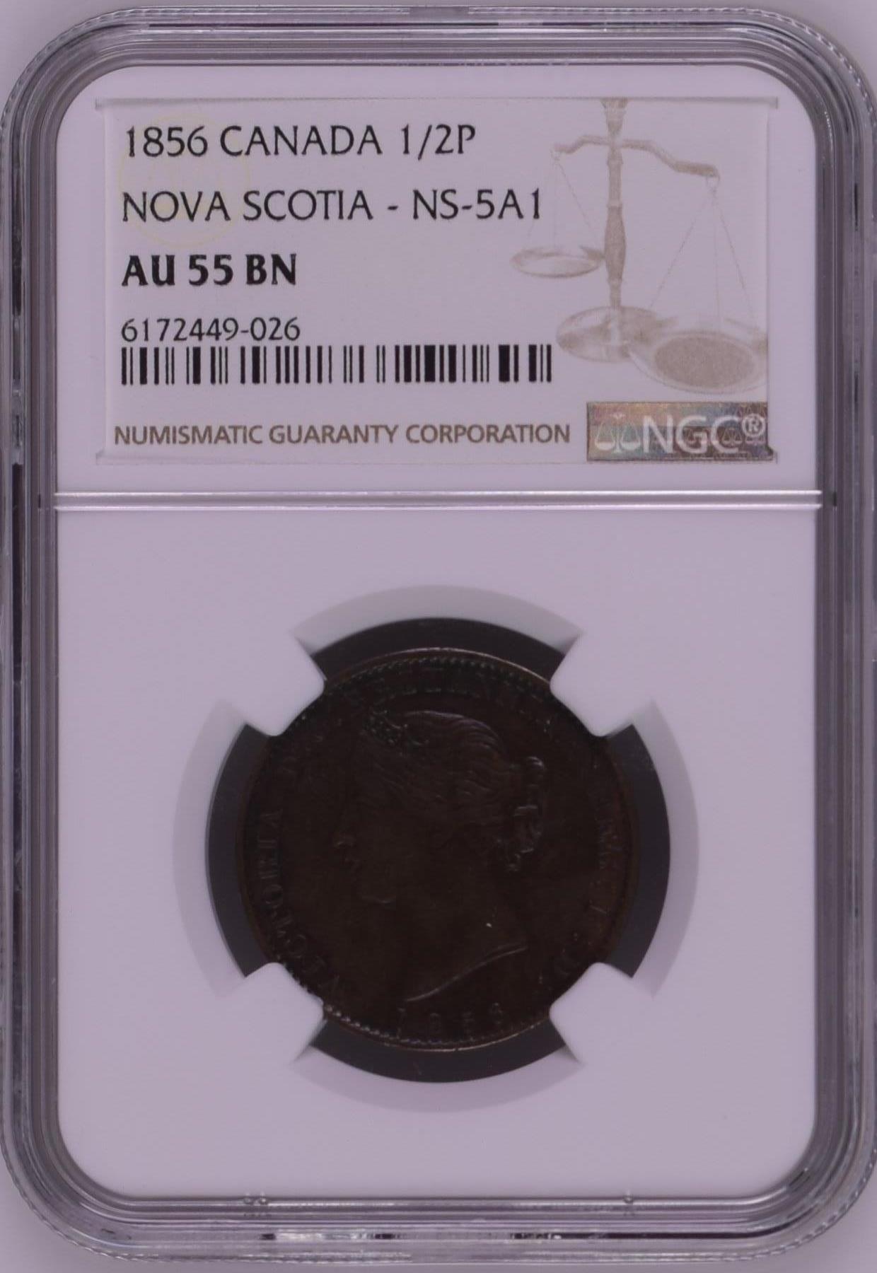 长老汇龙年精选第九场拍卖 1856 加拿大新斯科舍省1/2便士铜币，NGC AU55BN，更高8枚