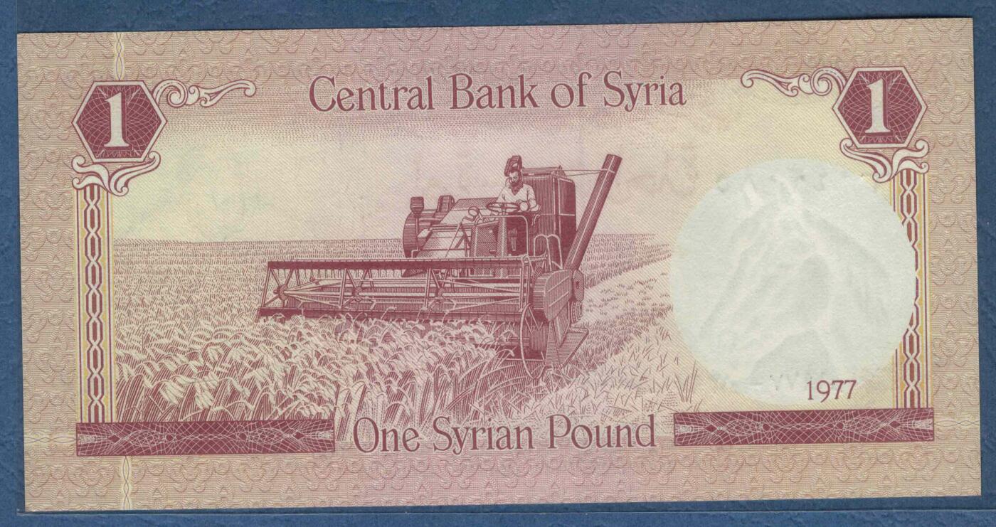 叙利亚1977年1镑 P-99 稀少品种 亚洲纸币 实物图 UNC