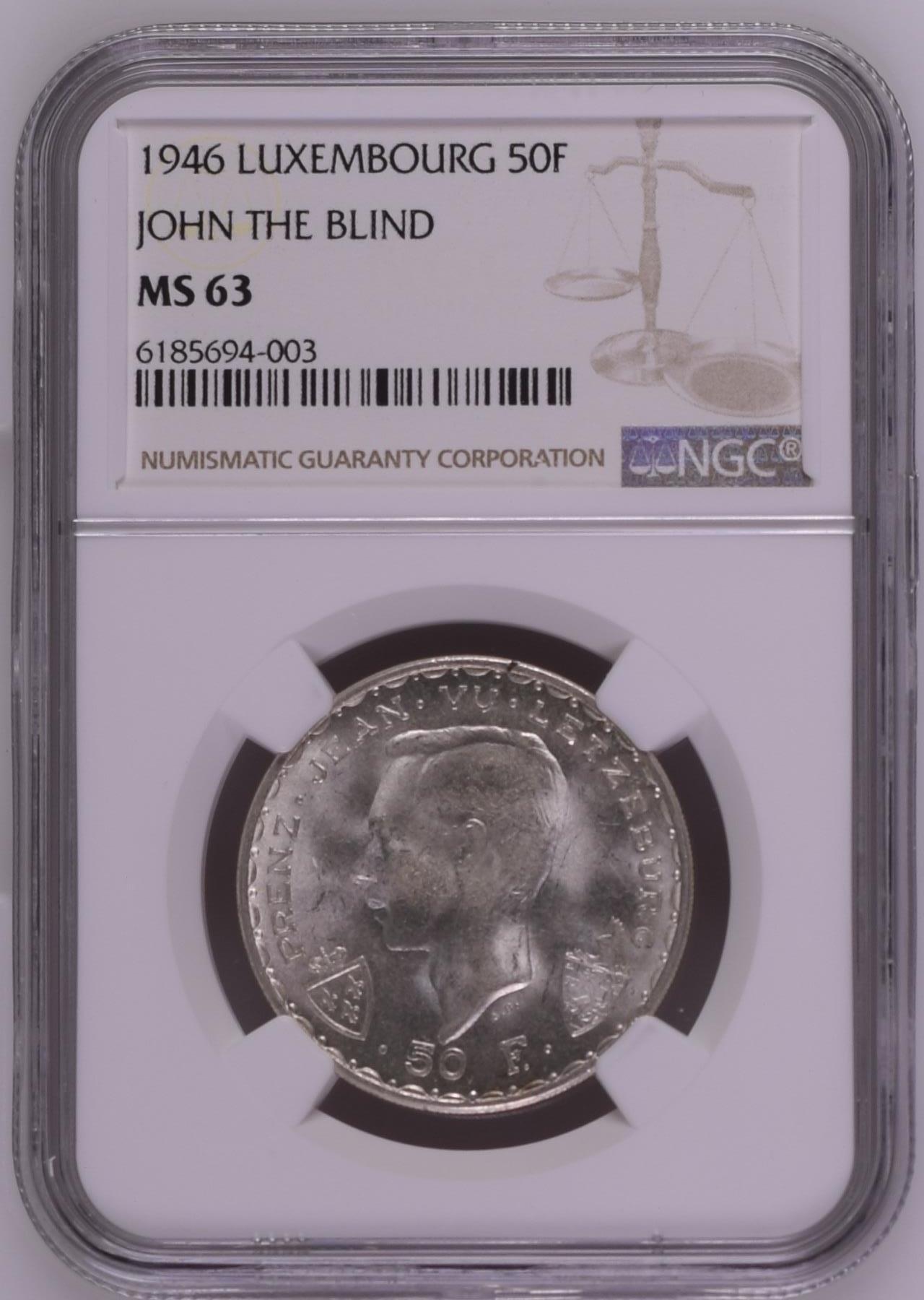 长老汇龙年精选第九场拍卖 1946 卢森堡盲人国王约翰战死沙场600周年50法郎银币，NGC MS63