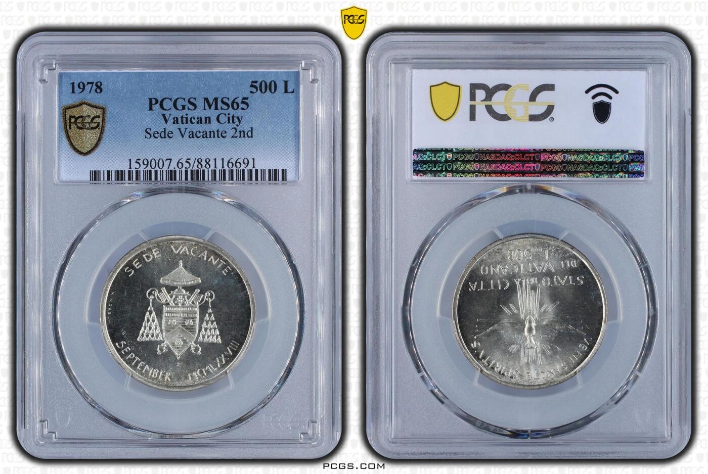 长老汇龙年精选第九场拍卖 1978  梵蒂冈教皇缺位500里拉银币，PCGS MS65，类型二