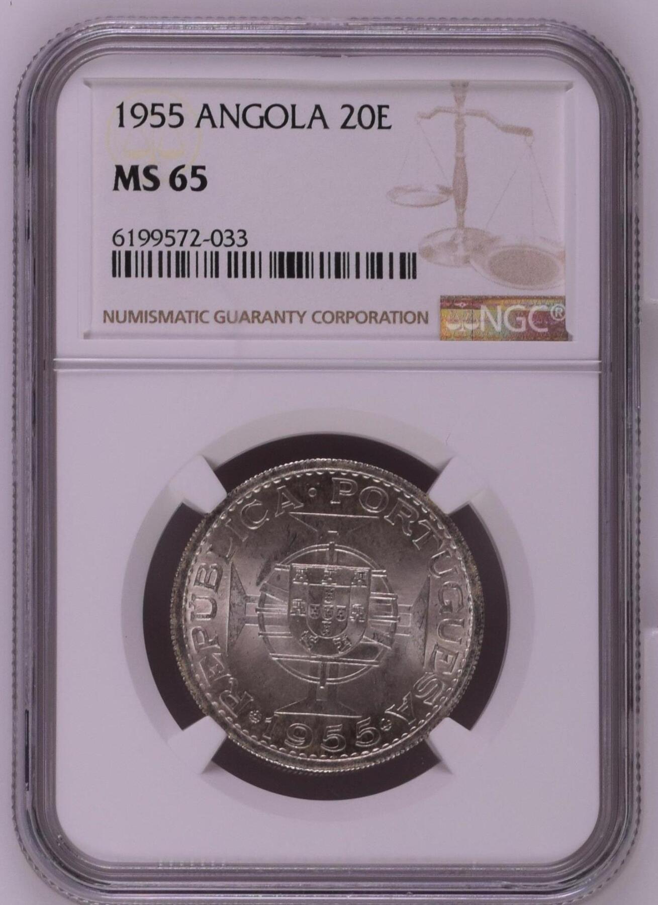 长老汇龙年精选第九场拍卖 1955 葡属安哥拉20埃斯库多斯银币，NGC MS65
