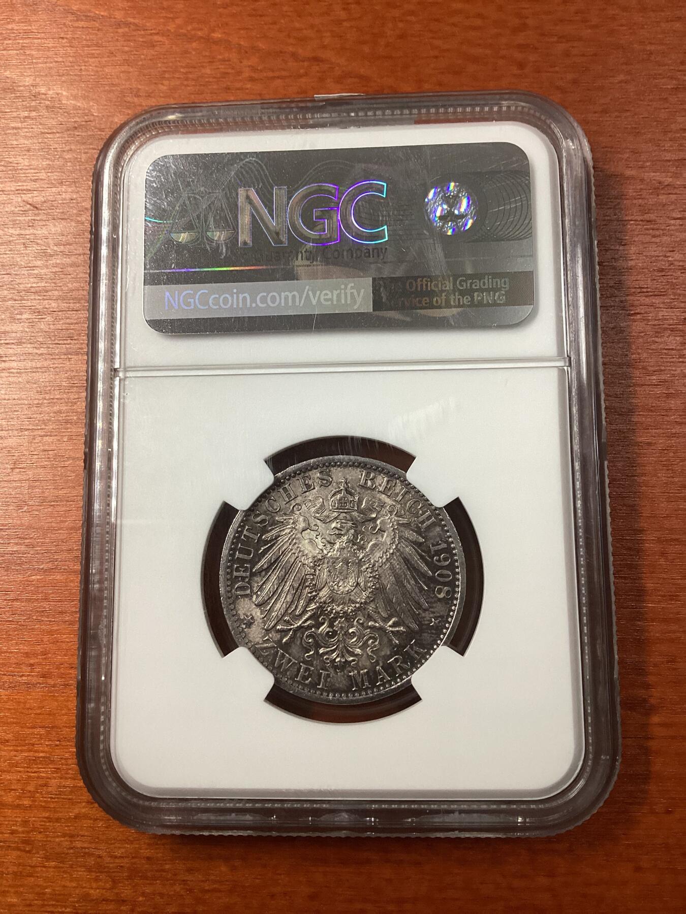 长老汇龙年精选第九场拍卖 1908E 德国撒克逊耶拿大学2马克银币，NGC MS63，唯一亚军分，更高2枚，官网63分350美金