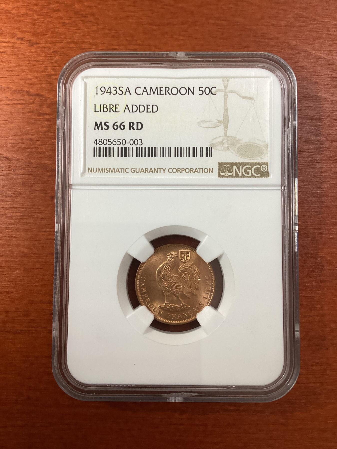 长老汇龙年精选第九场拍卖 1943SA 喀麦隆雄鸡50分铜币，NGC MS66RD，唯三冠军分，加字“自由”，非常漂亮！