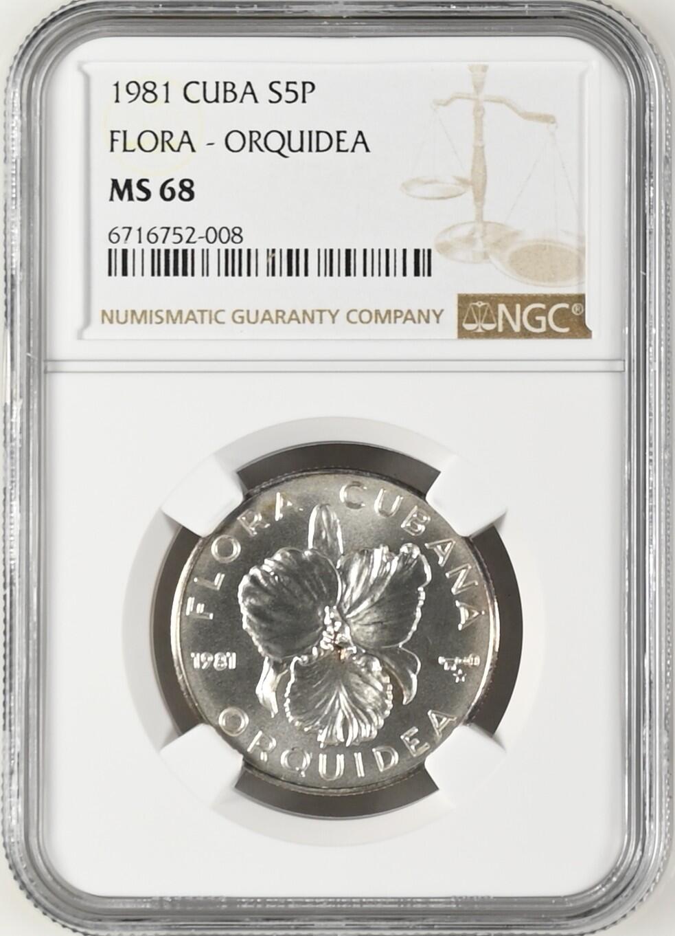 长老汇龙年精选第九场拍卖 1981 古巴植物之胡姬花5比索银币，NGC MS68，亚军，更高3枚