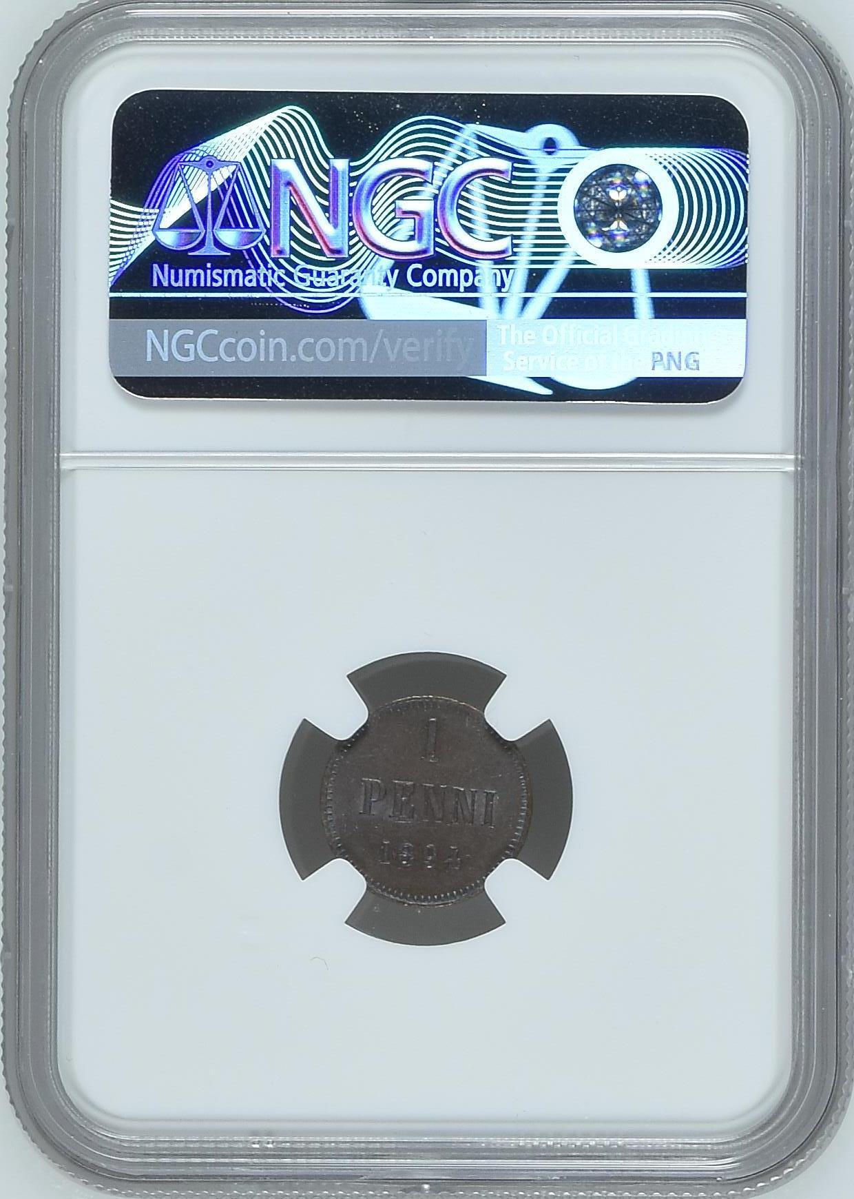 长老汇龙年精选第九场拍卖 1894 芬兰1盆尼铜币，NGC MS63BN