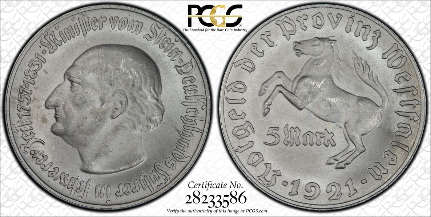 长老汇龙年精选第九场拍卖 1921 德国威斯特法兰德紧斯坦伯爵马币5马克，PCGS MS64，更高12枚