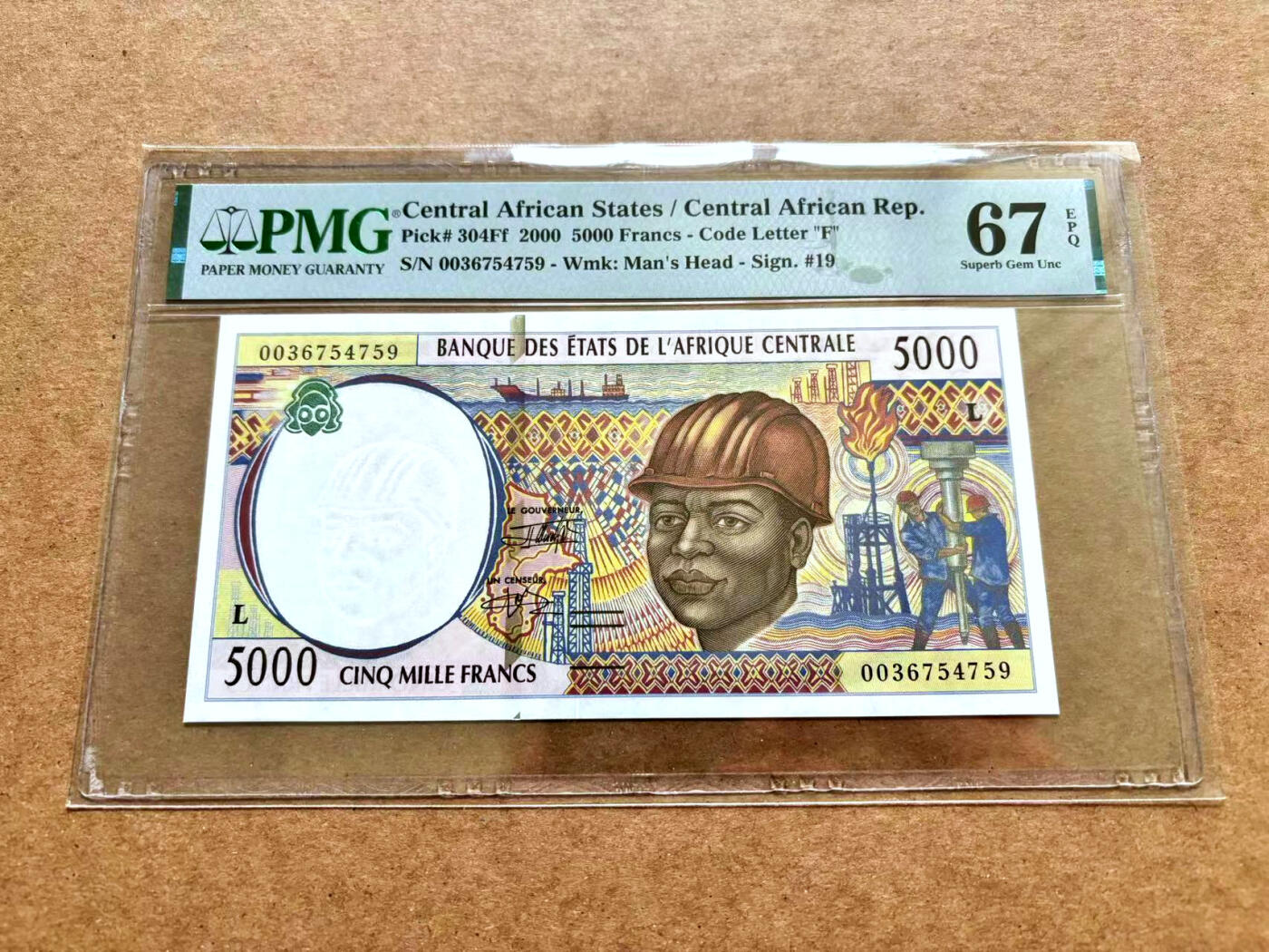 【Blue Auction】✨世界纸币精拍第506期【精】 中非共同体 2000年5000法郎 PMG67EPQ 高分