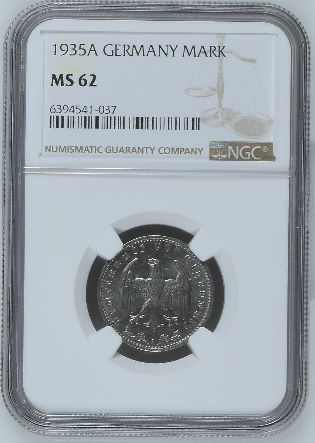 长老汇龙年精选第九场拍卖 1935A 德国第三帝国1马克镍币，NGC MS62