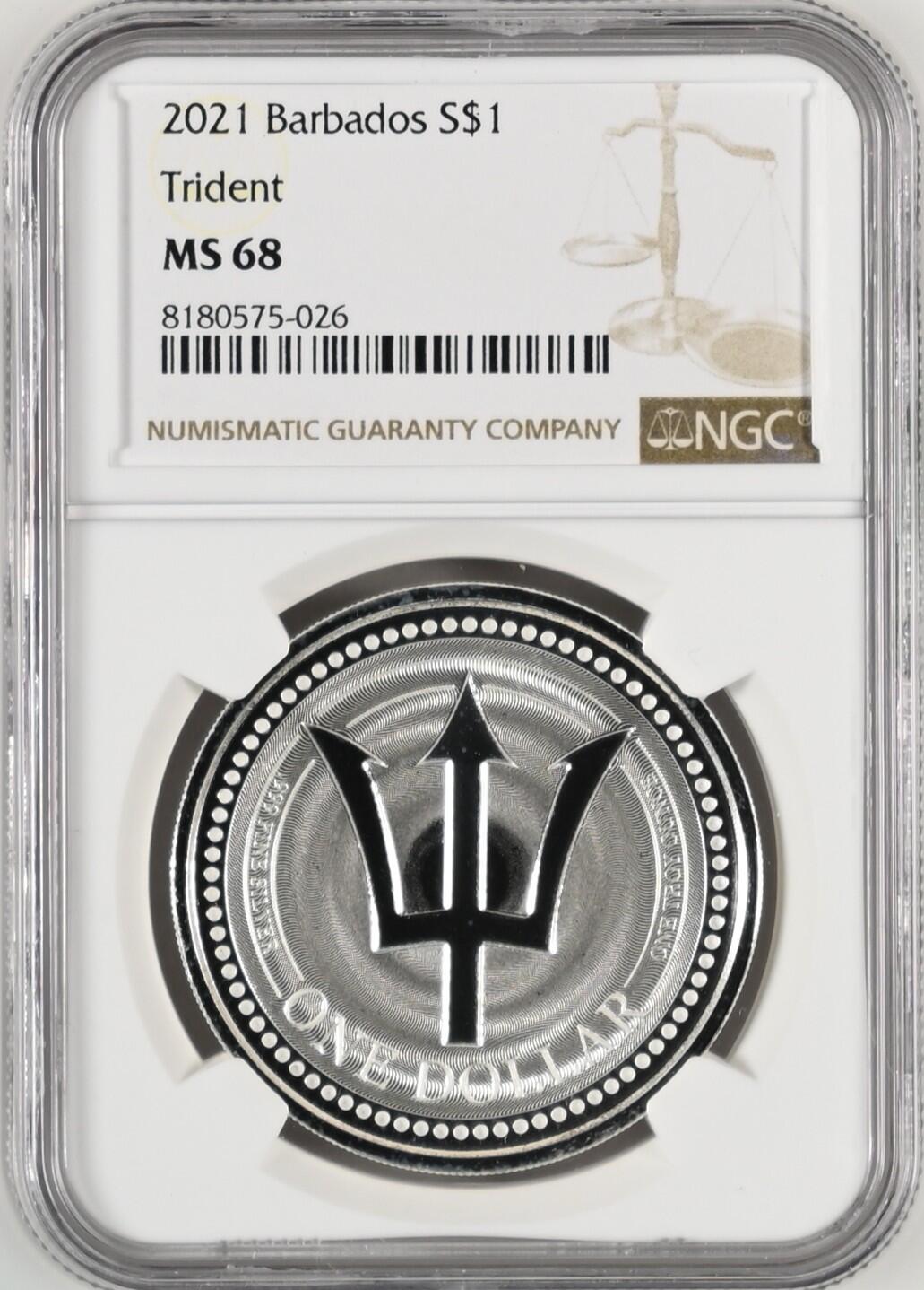 长老汇龙年精选第九场拍卖 2021 巴巴多斯海神三叉戟1元银币，NGC MS68，更高14枚
