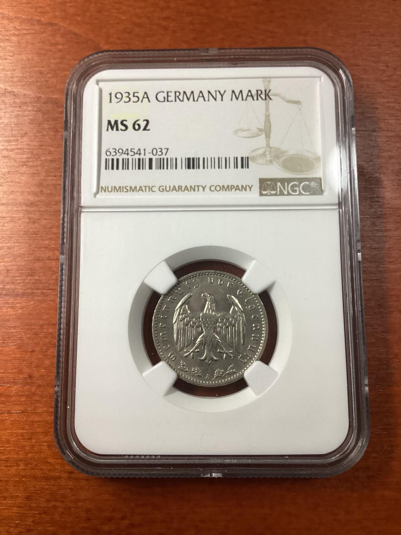 长老汇龙年精选第九场拍卖 1935A 德国第三帝国1马克镍币，NGC MS62