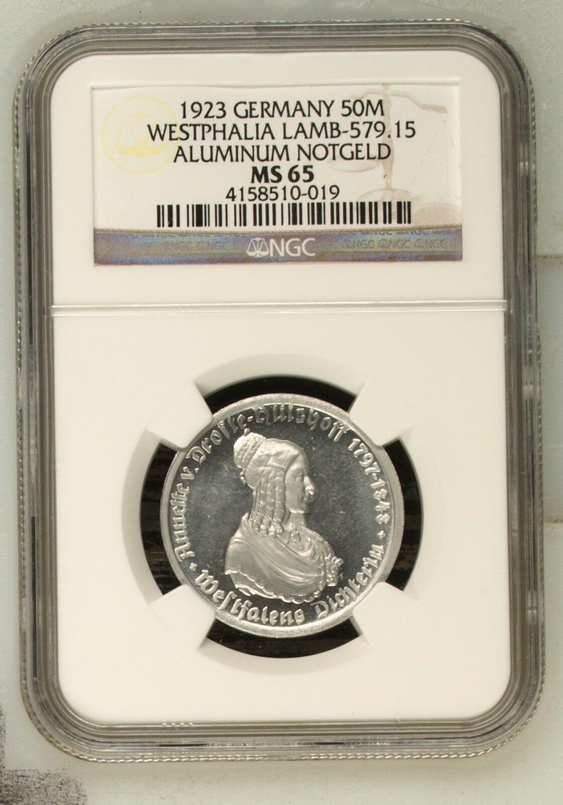 长老汇马年精选第九场拍卖  1923德国威斯特法兰德紧马币女诗人50马克，NGC MS65，亚军分，更高4枚，老盒