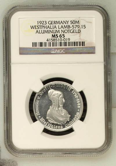 长老汇马年精选第九场拍卖 -  1923德国威斯特法兰德紧马币女诗人50马克，NGC MS65，亚军分，更高4枚，老盒