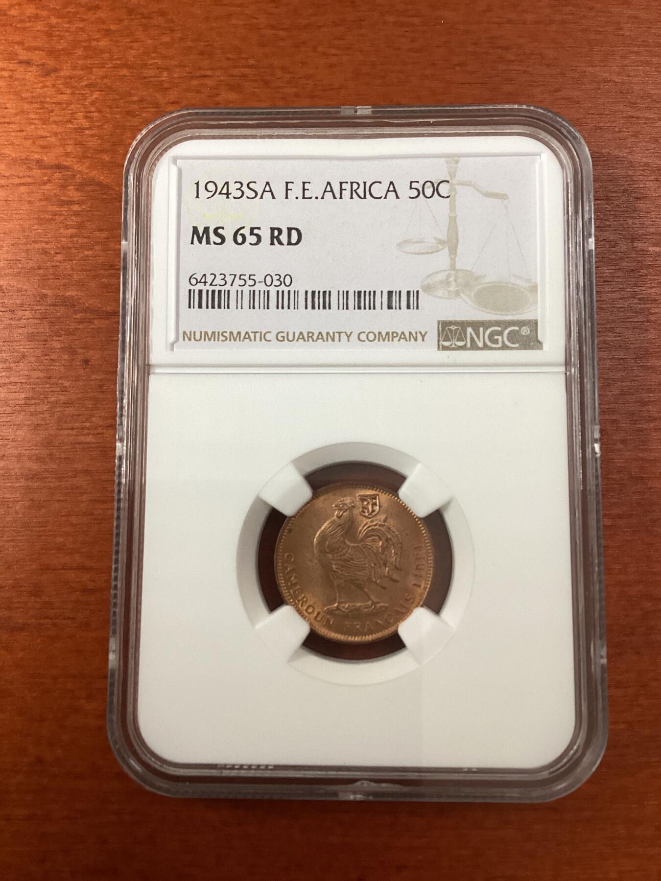 长老汇龙年精选第九场拍卖 1943SA 法属赤道非洲雄鸡50分铜币，NGC MS65RD，5枚并列冠军之一