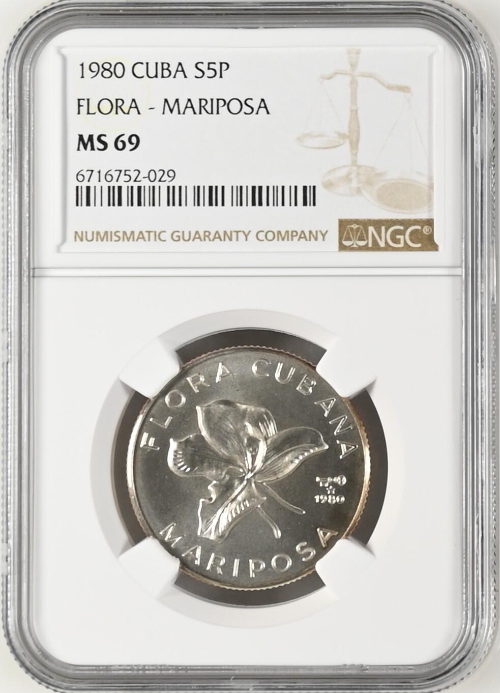 长老汇龙年精选第九场拍卖 1980 古巴植物之蝴蝶百合5比索银币，NGC MS69，唯一冠军分