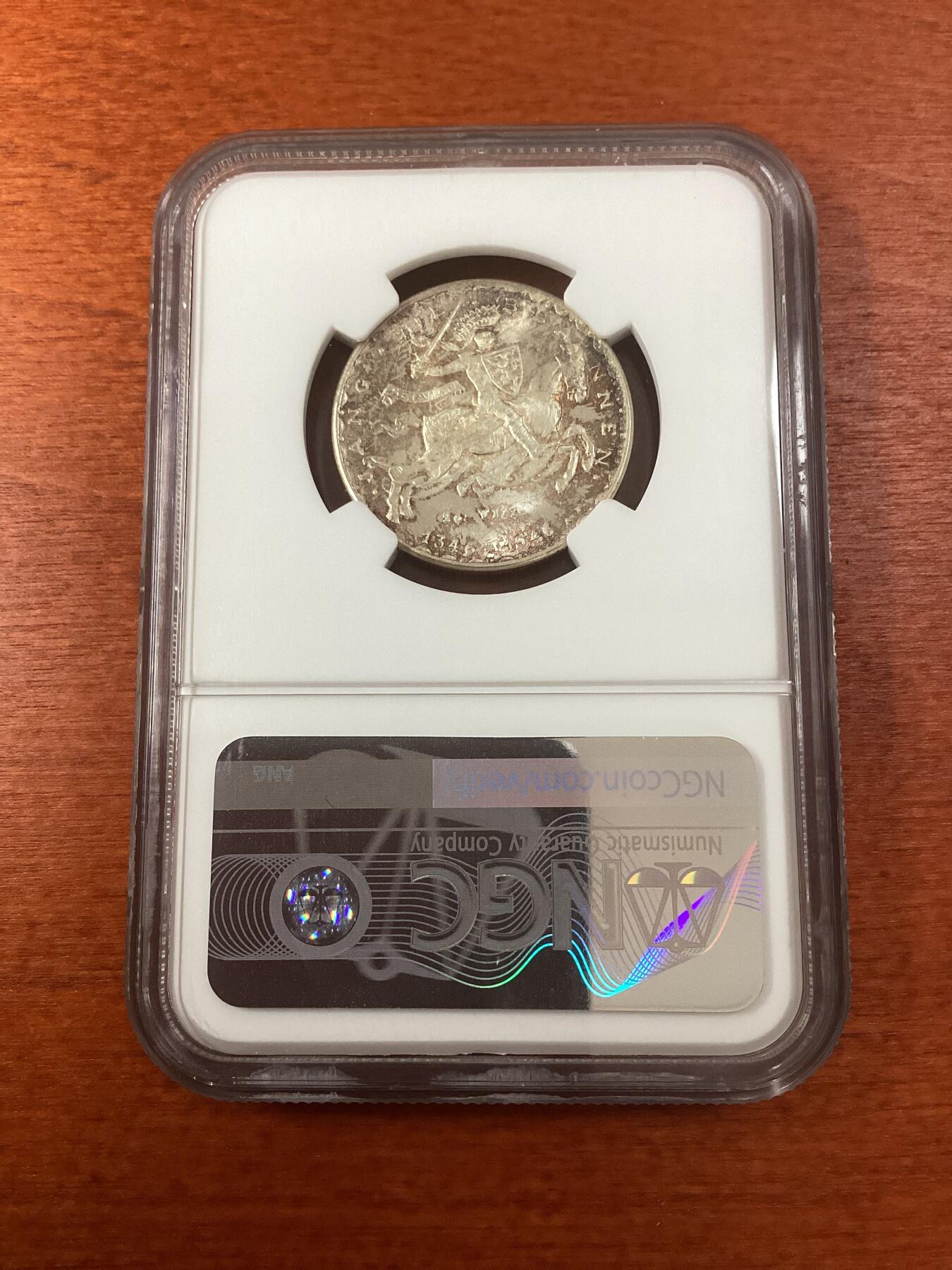 长老汇龙年精选第九场拍卖 1946 卢森堡盲人国王约翰战死沙场600周年20法郎银币，NGC MS64